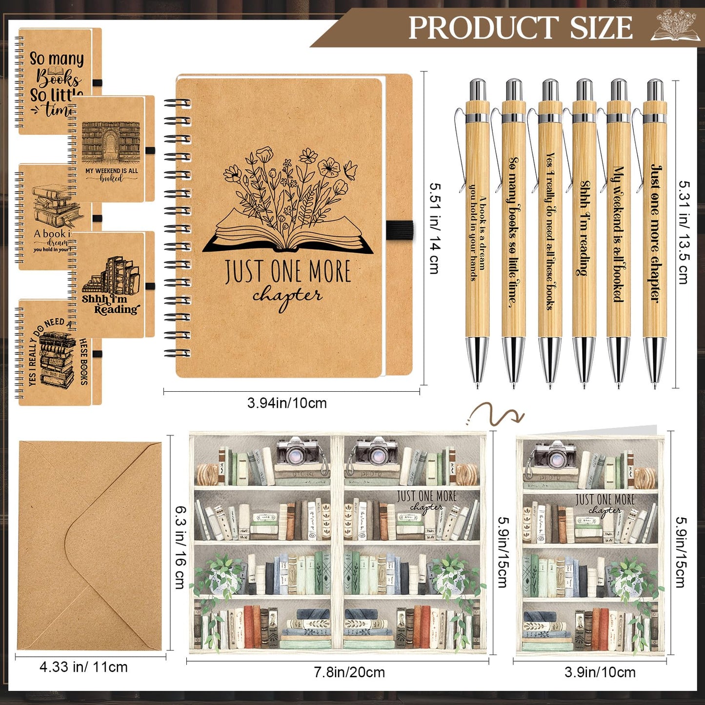 AmazingSpark 6 Sets Book Lovers Gift Bulk Book Club 16 oz Glass Cup Spiral Journal Notebook Bamboo Pen Card Envelope for Bookish Reader Teacher Student Librarian Graduation Appreciation Gift (Classic)