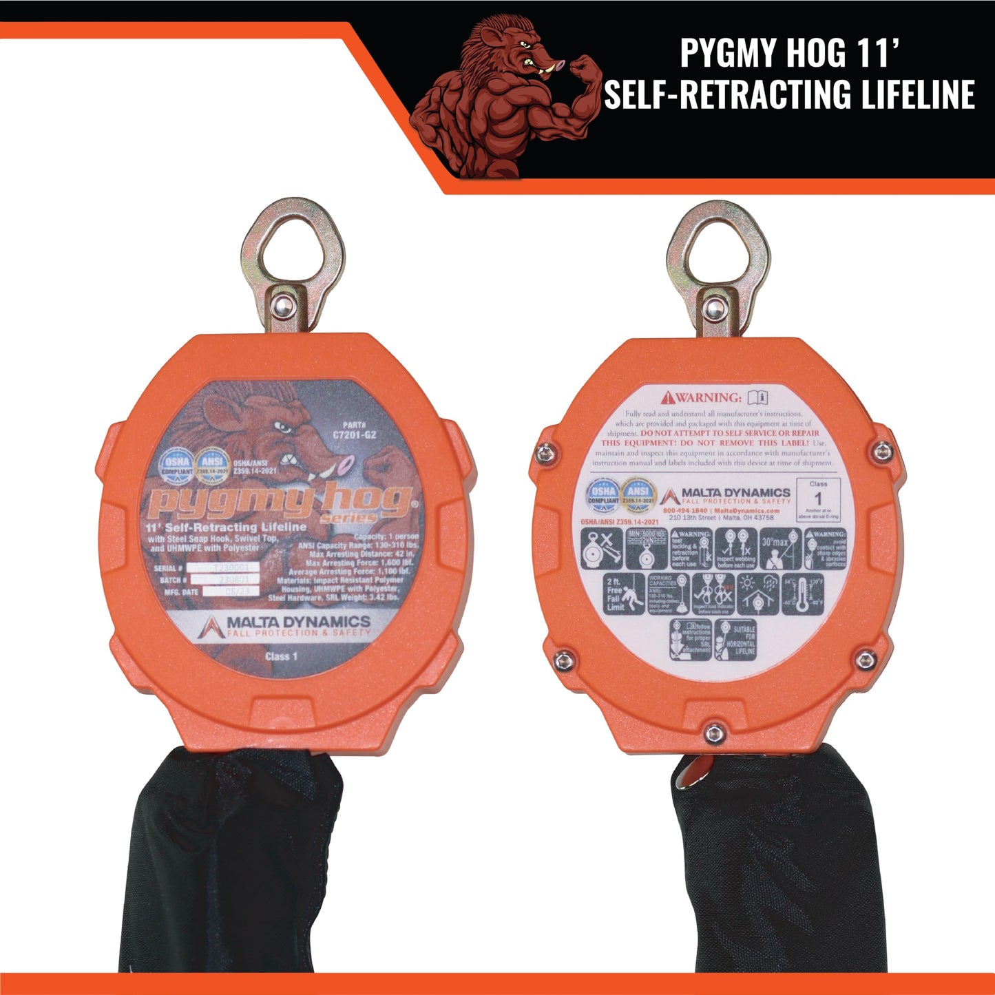 Malta Dynamics Pygmy Hog 11-Foot Web Self-Retracting Lifeline with Steel Snap Hook, OSHA/ANSI Compliant