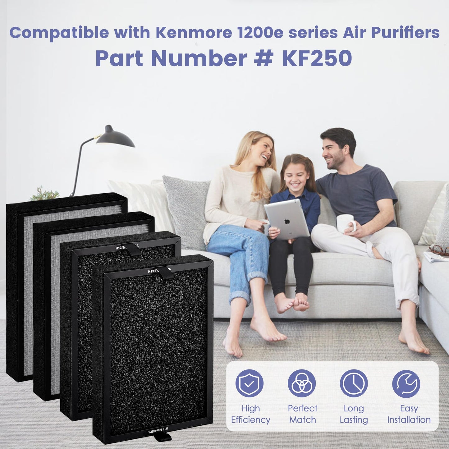 4 Pack Popurure KF250 Filter Replacement Compatible with Kenmore 1200e Series Air Purifier PM2010, Part No. KF250 Filters, with 3-in-1 True H13 HEPA Filters