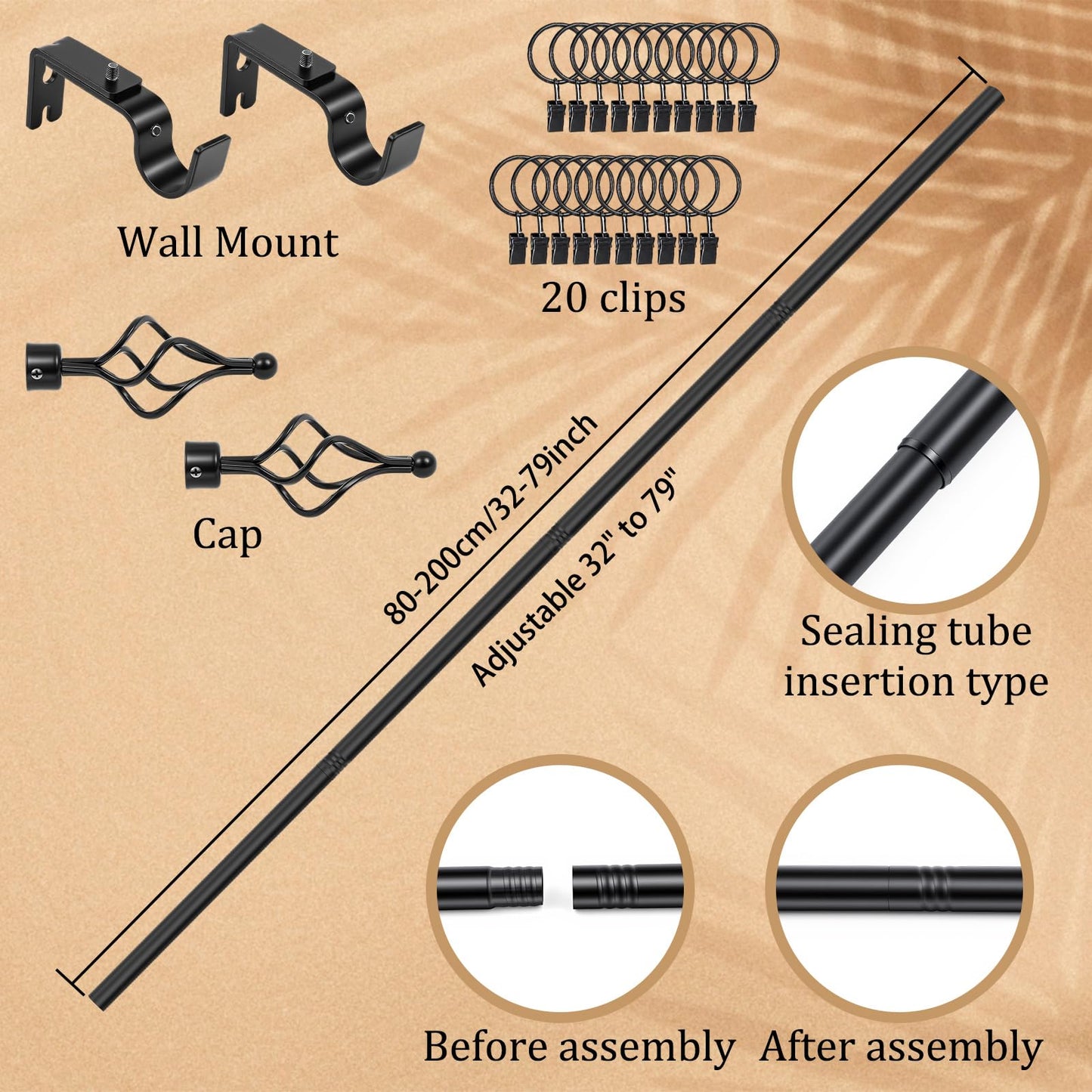 Marsui Tapestry Hanger Telescopic Rod Quilt Hanger for Display Adjustable 32" to 79" Wall Hanging Bar Mounted Quilt Rack Spiral Cap with Clips Iron Rustic Farmhouse Style Bedroom Living Areas (Black)