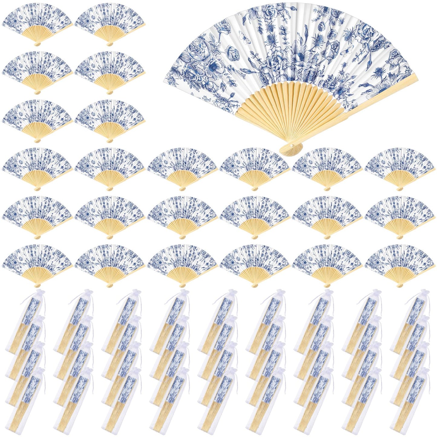 Vercraft 50 Sets Folding Hand Fans with Organza Bags Bulk, Paper Fans for Wedding Guests, Bridal Shower Party Favors, Summer Handheld Bamboo Fan Bridesmaid Gifts (Blue Floral)