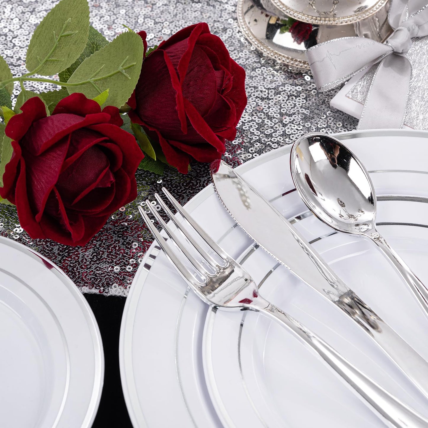 I00000 200 Pcs Silver Plastic Plates - Silver Disposable Party Plates Include 100 Dinner Plate and 100 Elegant Dessert Plate Perfect for Party, Holiday, Wedding & Birthday