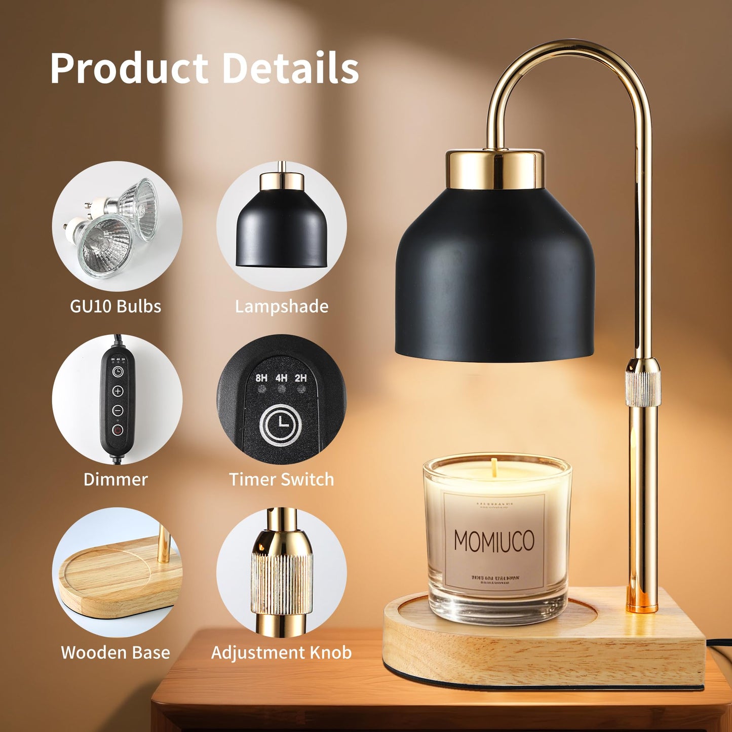 MOMIUCO Candle Warmer Lamp with Timer and Dimmer, Height Adjustable Wax Melt Warmer for Jar Candles, Modern Retro Black Glass Shade with Wood Base, Aesthetic Home Decor, Birthday Gifts for Women Mom