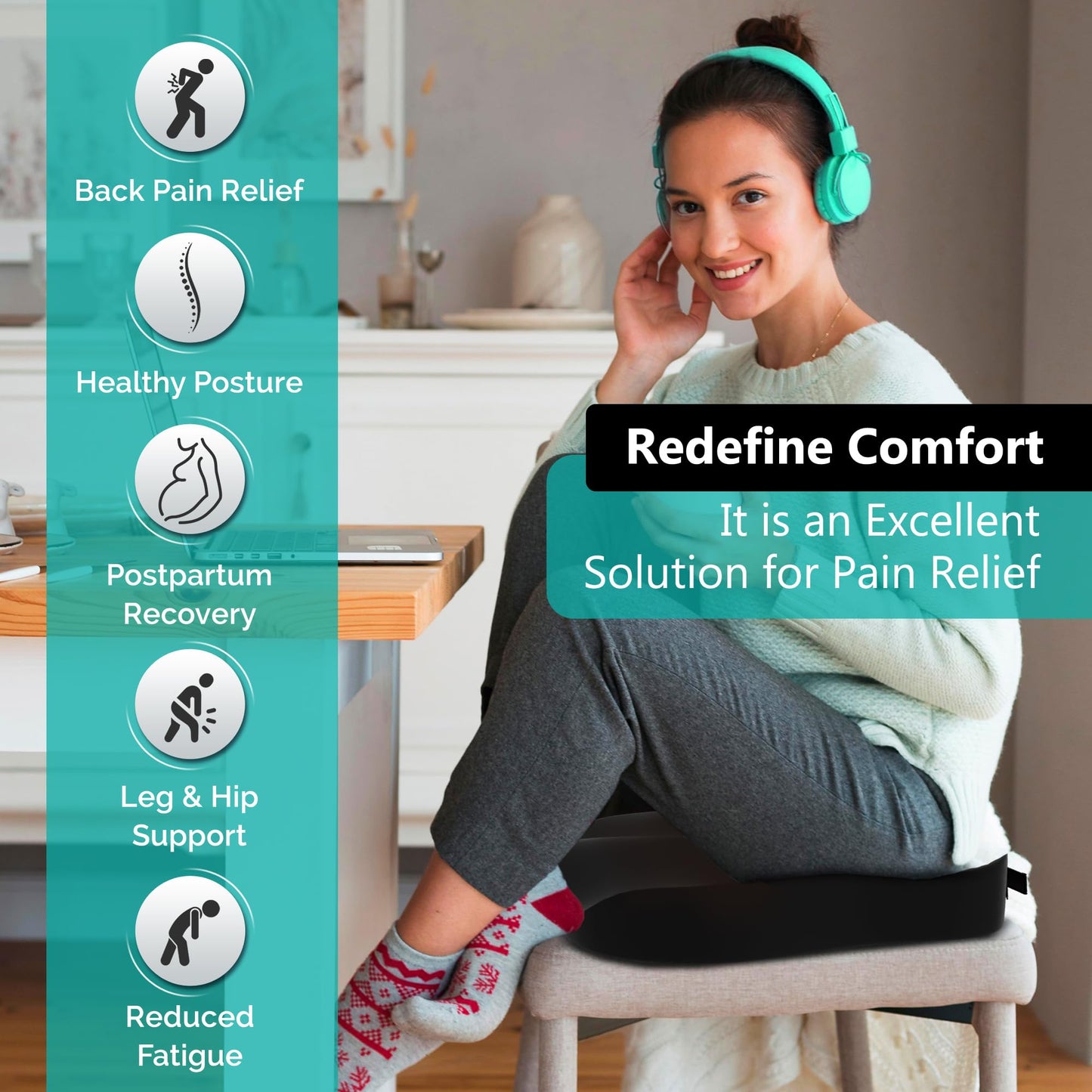 Comfidur Seat Cushion - High-Density Charcoal Memory Foam Office Chair Cushion with Adjustable Strap & Washable Non-Slip Cover | Supports Sitting Posture for Office, Car & Home