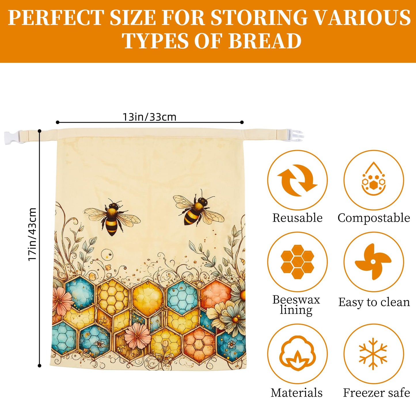 Beeswax Bread Bags for Homemade Sourdough, 2 Pack Reusable Natural Cotton Large Bees Wax Bag Food Storage Bags to Keep Fresh