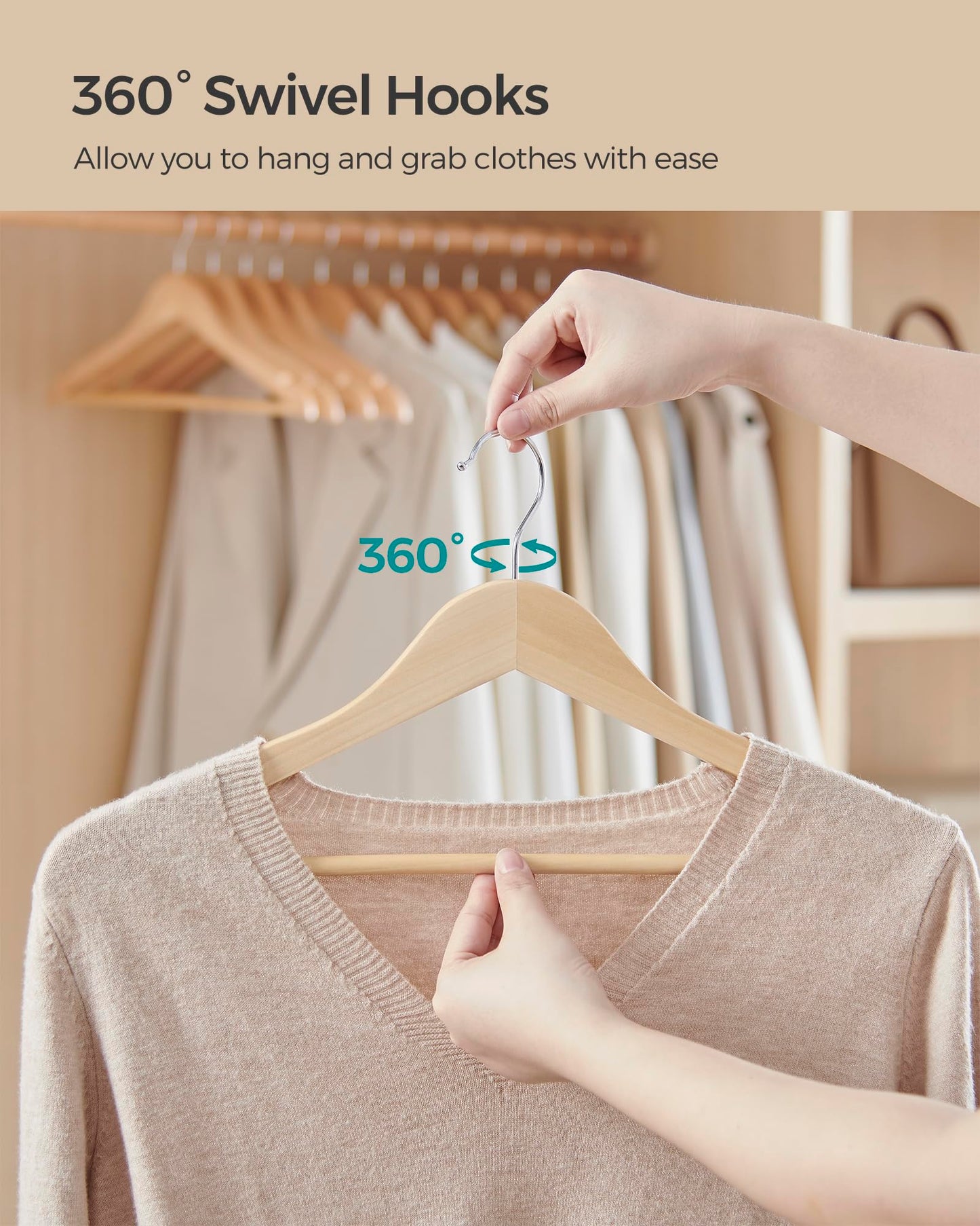 SONGMICS Wooden Hangers, Pack of 24, Coat Hangers, Non-Slip, Pants Bar, 360° Swivel Hooks, for Jackets, Shirts, Coats, Natural Wood UCRW010N24