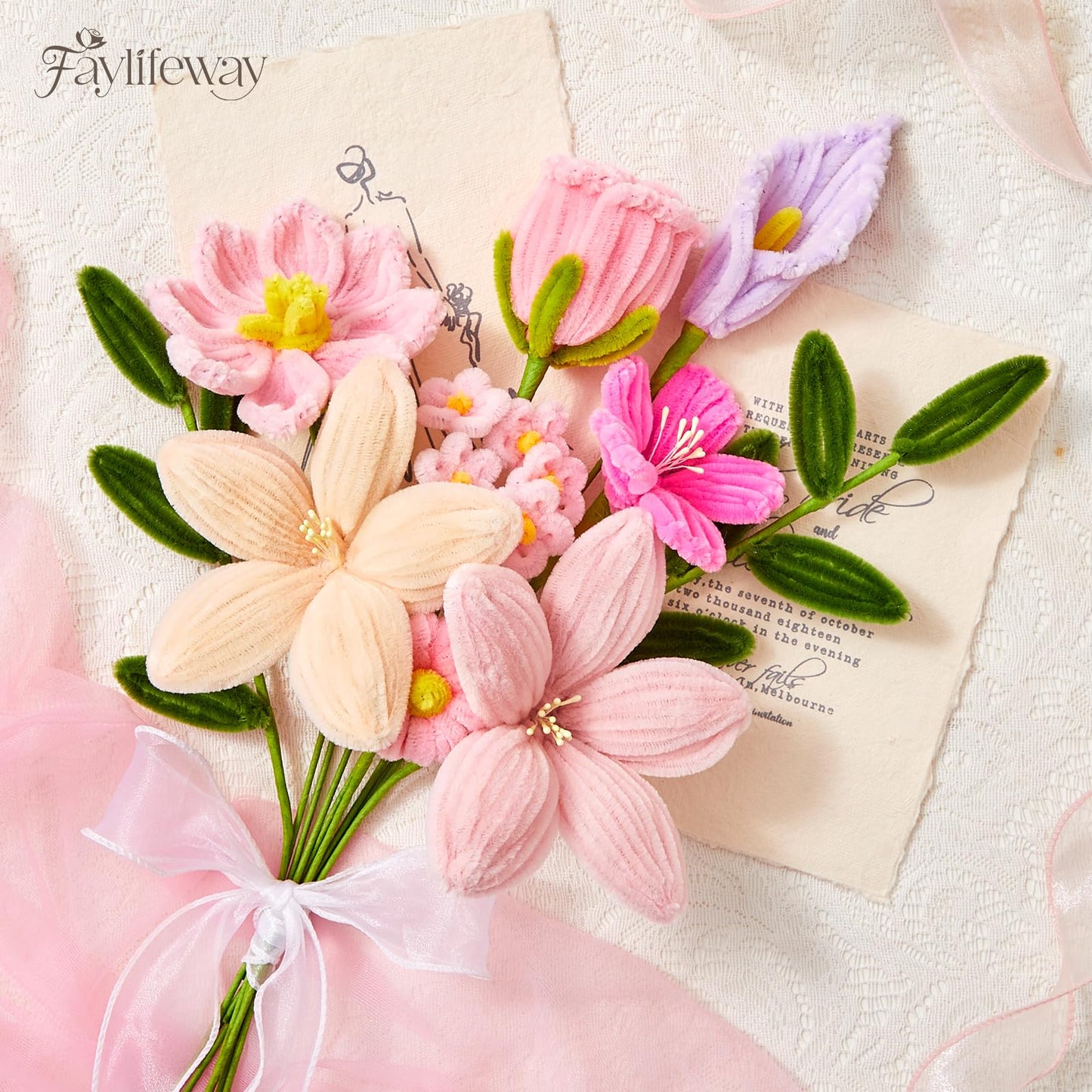 Faylifeway Pipe Cleaner Flower Bouquet Already Made, Pink Chenille Stem Flowers, Flower Bouquet for Mom Women, Birthday Anniversary Graduation Gift(Include Card)