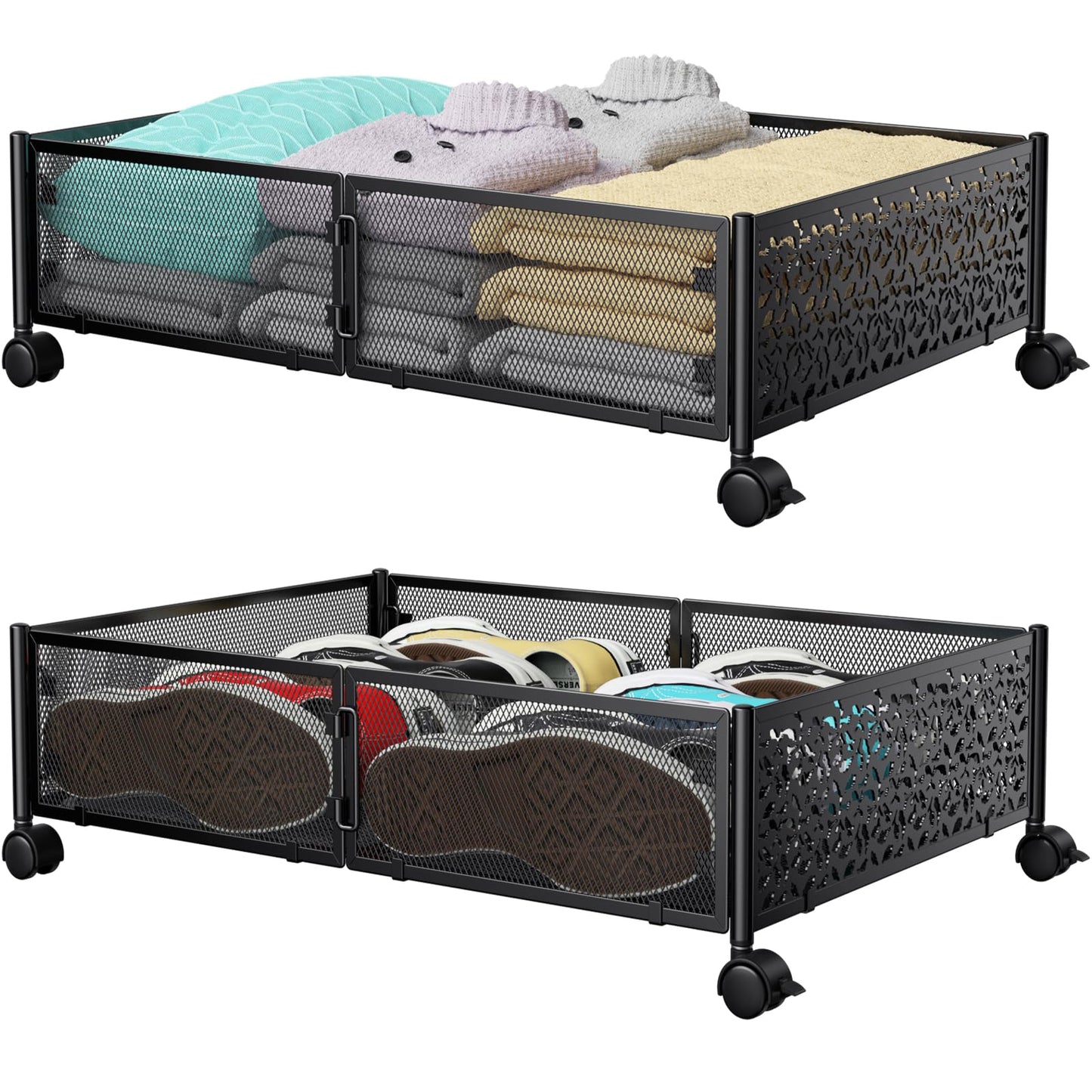PHINOX Under Bed Storage Containers with Wheels, Under Bed Shoe Storage Organizer Drawer, Tool-free Assembly Metal Storage Containers for Bedroom Clothes Shoes Blankets -2PCK