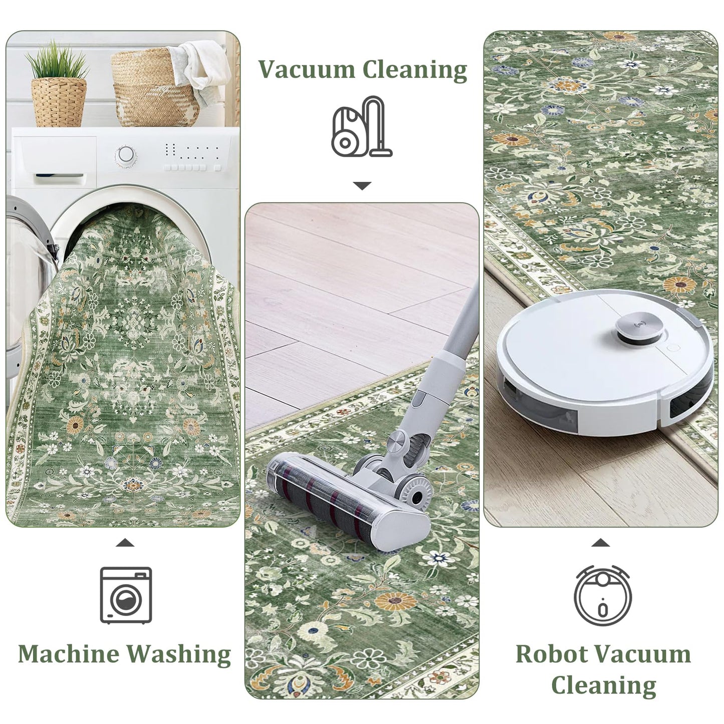 Yamaziot Washable Runner Rug 2x8 – Non Slip Boho Floral Hallway Runner Rug with Rubber Backing, Low Pile Wool Distressed Carpet for Kitchen, Laundry, Bedroom, Entrance, Mottled Green