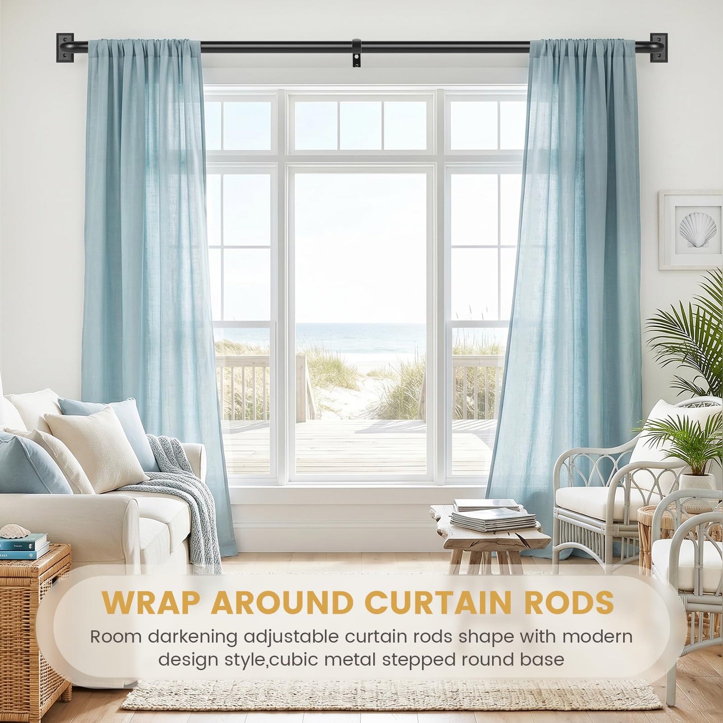 TANGWIN Black Wrap Around Curtain Rods 72 to 144:Blackout Heavy Duty Adjustable Long Window Curtain Rod Room Darkening Modern Industrial Curved French Return Metal Drapery Rod Easy Install Matte Black