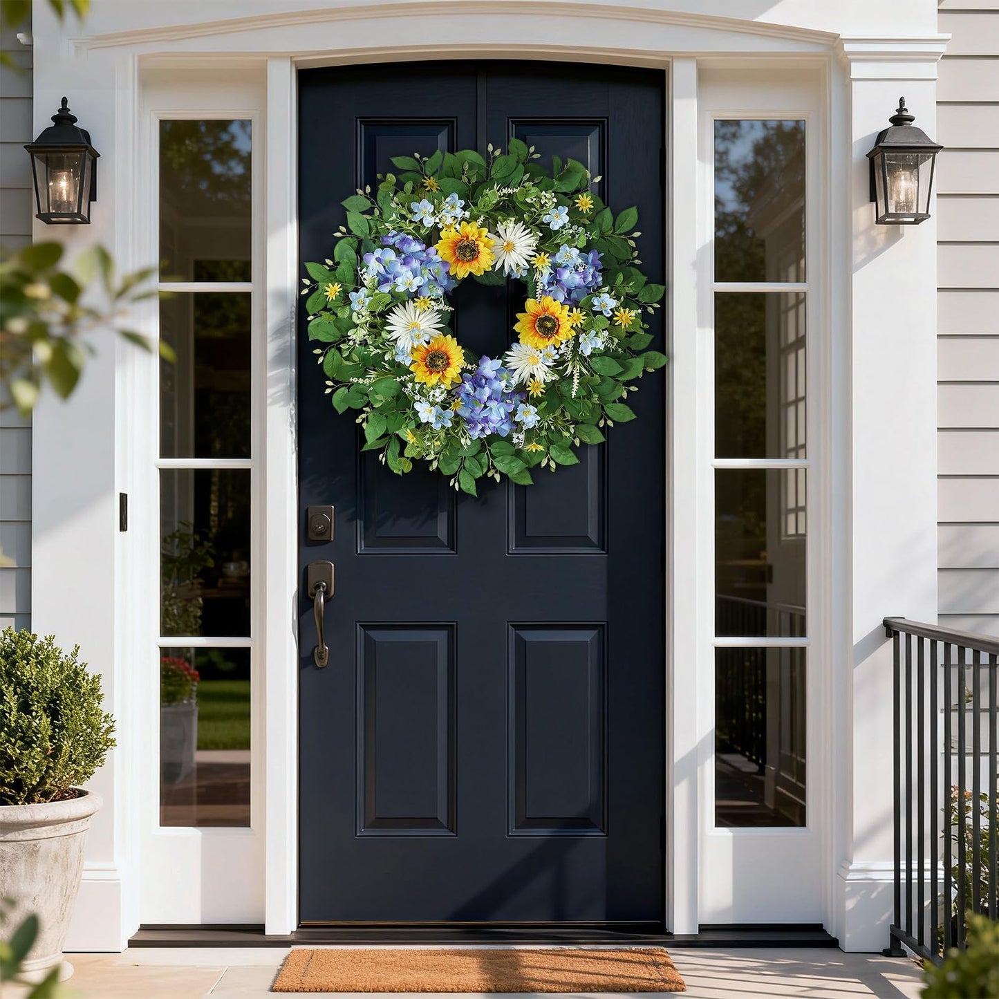 26" Large Artificial Flower Wreath for Front Door Outside – Spring Summer Wreath with Lifelike Sunflowers, Fake Blue Hydrangea Flowers for Indoor Outdoor Mantel,Window,Farmhouse,Home,Wall Decor