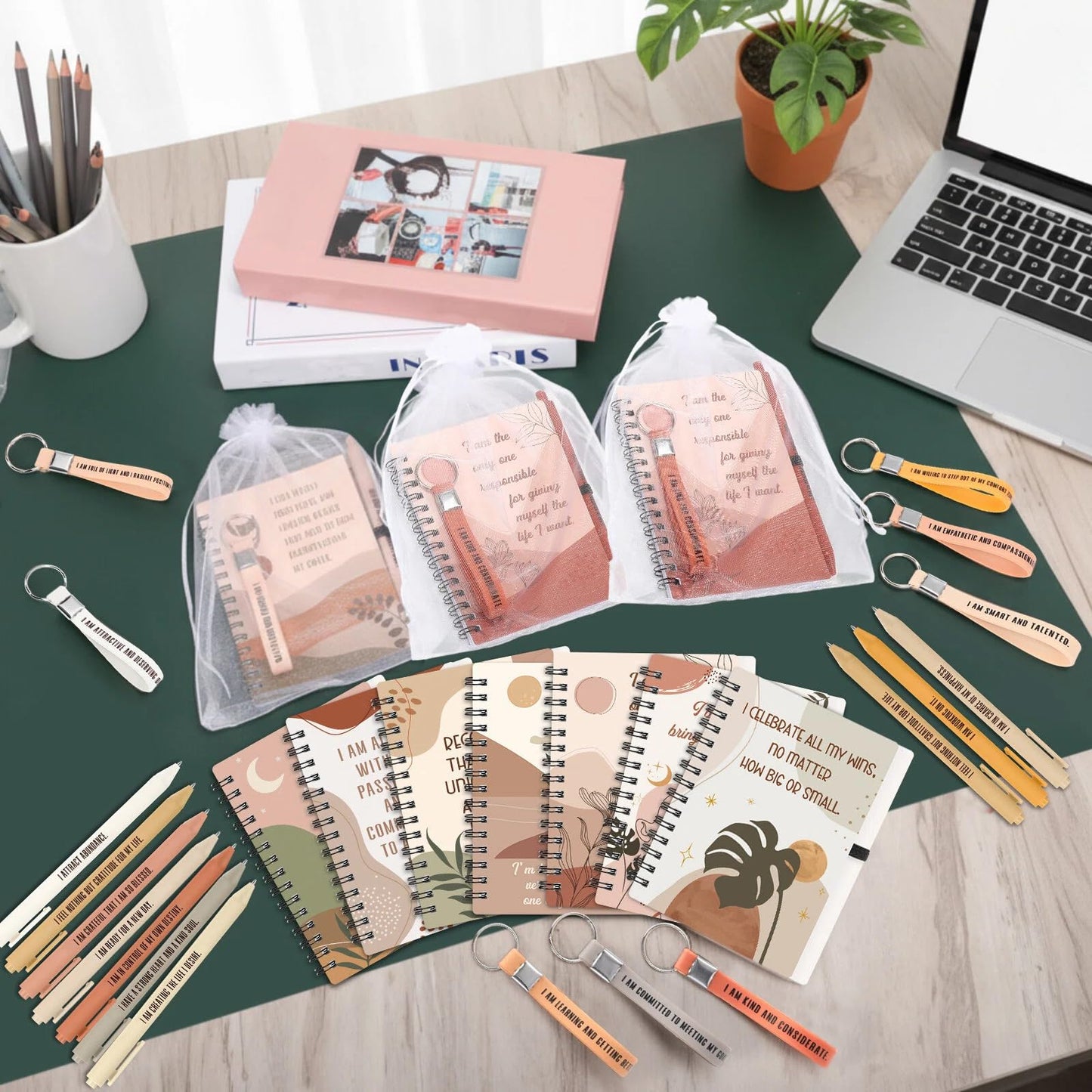 Funrous 72 Pcs/24 Set Positive Motivational Gift Set for Women Bulk Gratitude Spiral Journals Notebooks Affirmation Pens Keychains Adult Party Favors for Teacher Students Coworker Nurse (Boho)