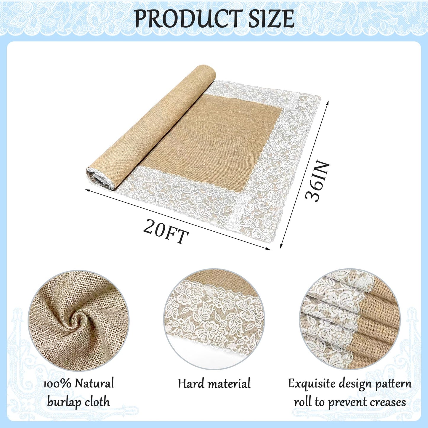 GoldenXin 3ft x 20 ft Wedding Aisle Runner Outdoor for Wedding Ceremony with Lace Jute Rustic Natural Burlap Decorations Beach Garden Church Reception Craft Decor