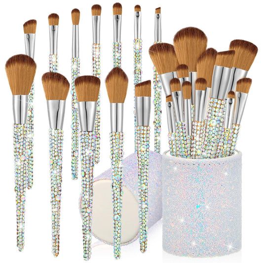 13 Pieces Rhinestone Makeup Brushes Set Bling Crystal Professional Face Cosmetics Blending Liquid Foundation Powder Concealer Eye Shadows Make up Beauty Tool Glitter with Holder (Silver, Yellow)