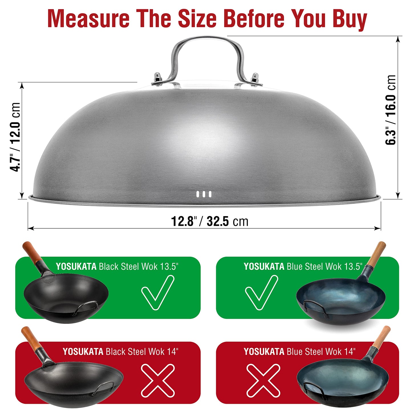 YOSUKATA Wok Lid 12.8 In for 13.5-In Wok - Premium Stainless Steel Cover with Tempered Glass Insert Steam Holes and Ergonomic Handle - Durable Stainless Steel Accessories - Dishwasher-Safe