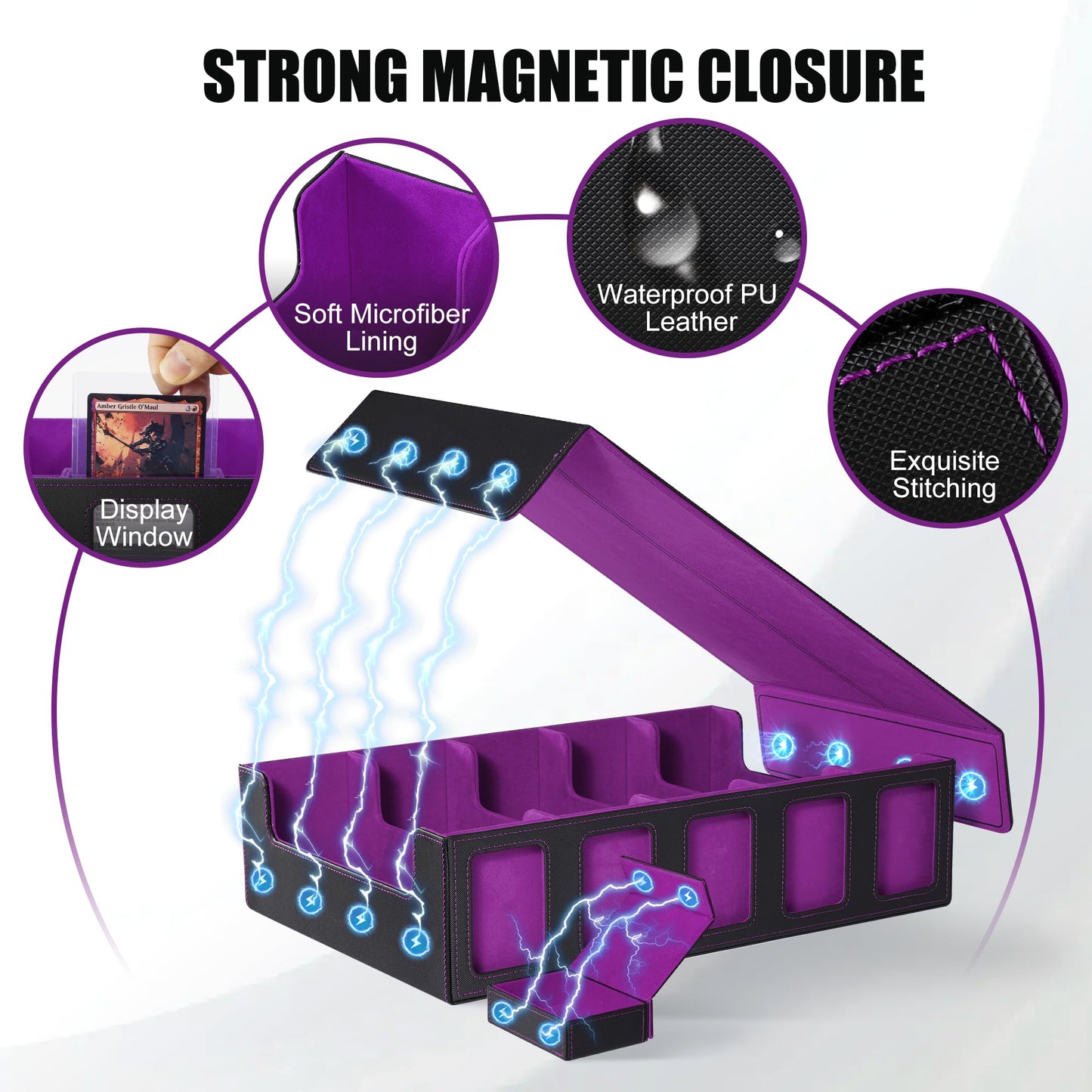 Trading Card Storage Box with Commander Display , 5-Row Deck Case with Removable Lid; 3900+ Card Deck Box for MTG TCG Sports Card, 5 Toploaders, 5 Stoppers, 48 Dividers,1 Dice Tray (Black Purple)