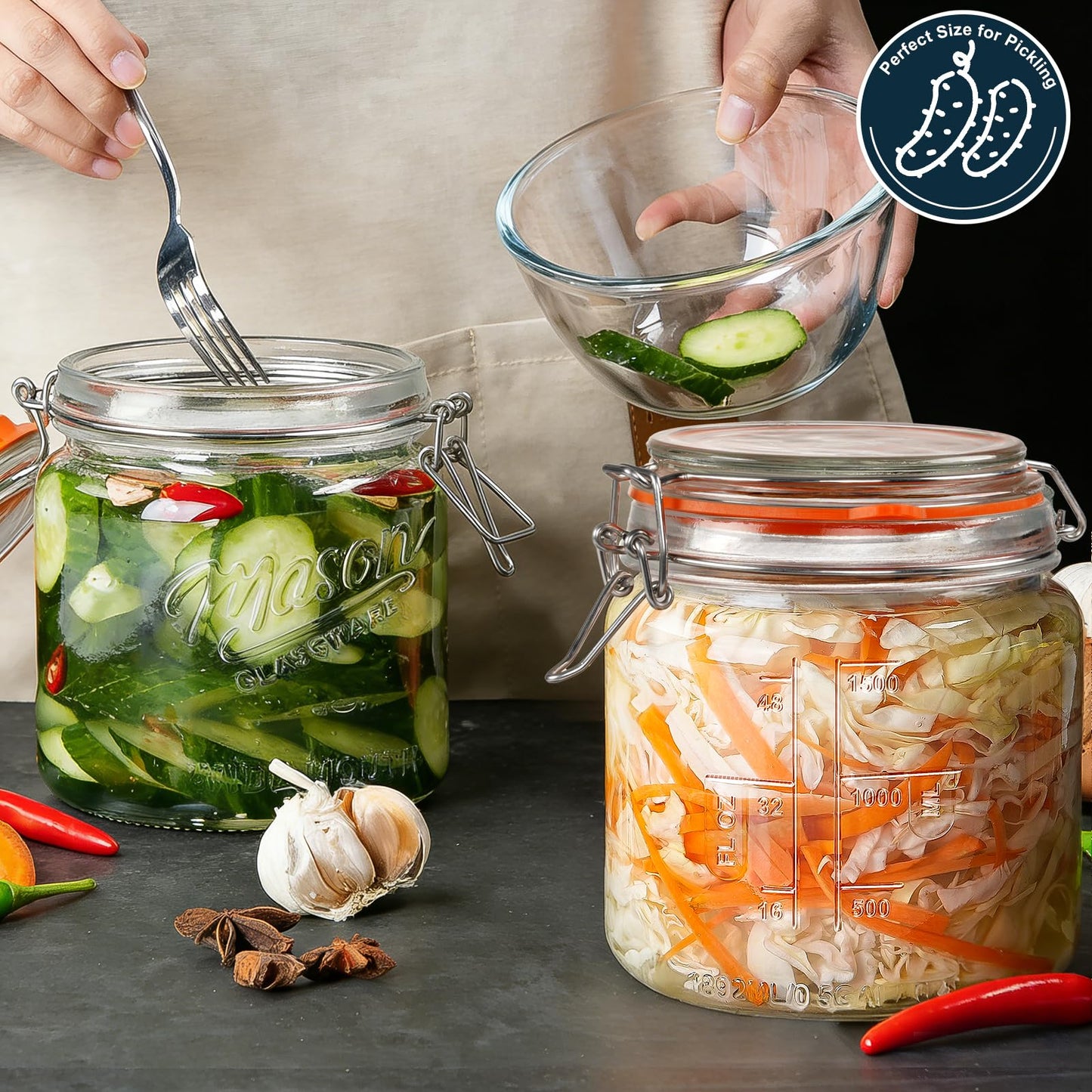 [NEW] 2 Pack Half Gallon Mason Jar with Hinged Lid, Wide Mouth Glass Flour Container for Food Storage, Cookie, Coffee, Pickle - 64 Oz Glass Jar with Glass Lid - Vintage Mason Jars w 2 Scale Marks