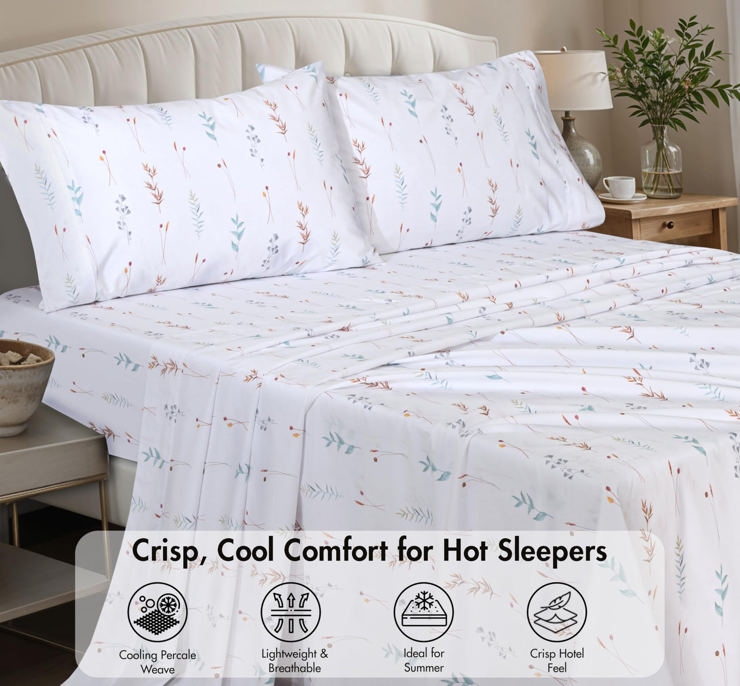 ZOYER 100% Cotton Percale Sheets Queen – Cooling Breathable Bed Sheets for Hot Sleepers, Crisp Hotel Style Bedding, Deep Pocket 16”, Lightweight Soft Durable 4 Pcs Sheet Set, Fairy Meadows