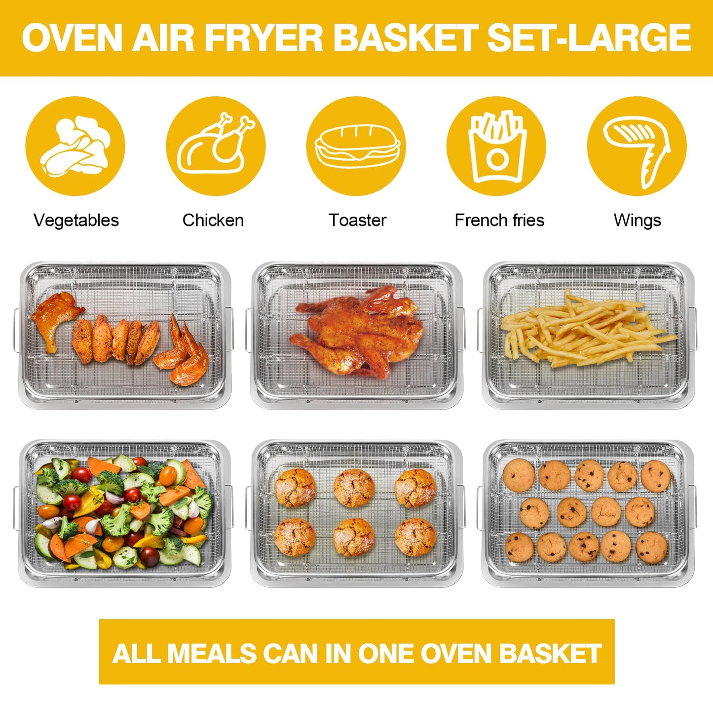 Extra Large Air Fryer Basket for Oven 18 x 12 Inch Stainless Steel, Oven Air Fryer Basket and Tray Set with 30 PCS Parchment Papers, Bacon Cooker Broiler Pan for Oven, Bakeware Sets Oven Rack-2 Piece