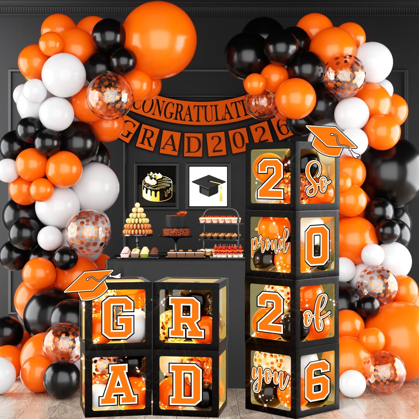 2026 Graduation Party Decorations Class of 2026 Balloon Boxes with Letters 2026 Grad & So Proud of You Congrats Grad Party Decorations 117pcs Balloons for Any Grades Class Grad Party (Black Orange)