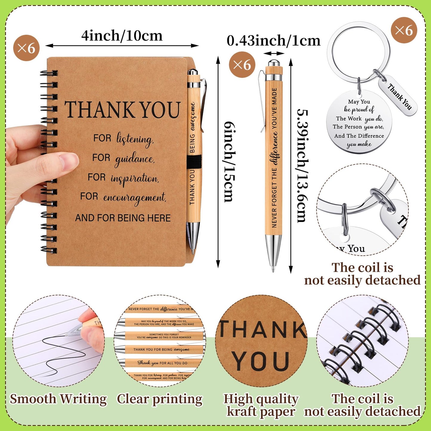 Wavwavw 6 Set Employee Appreciation Gifts Bulk, Gifts for Coworkers, Doll Crochet with Card Inspirational Journals with Retractable Bamboo Pens Thank You Keychains for Staff