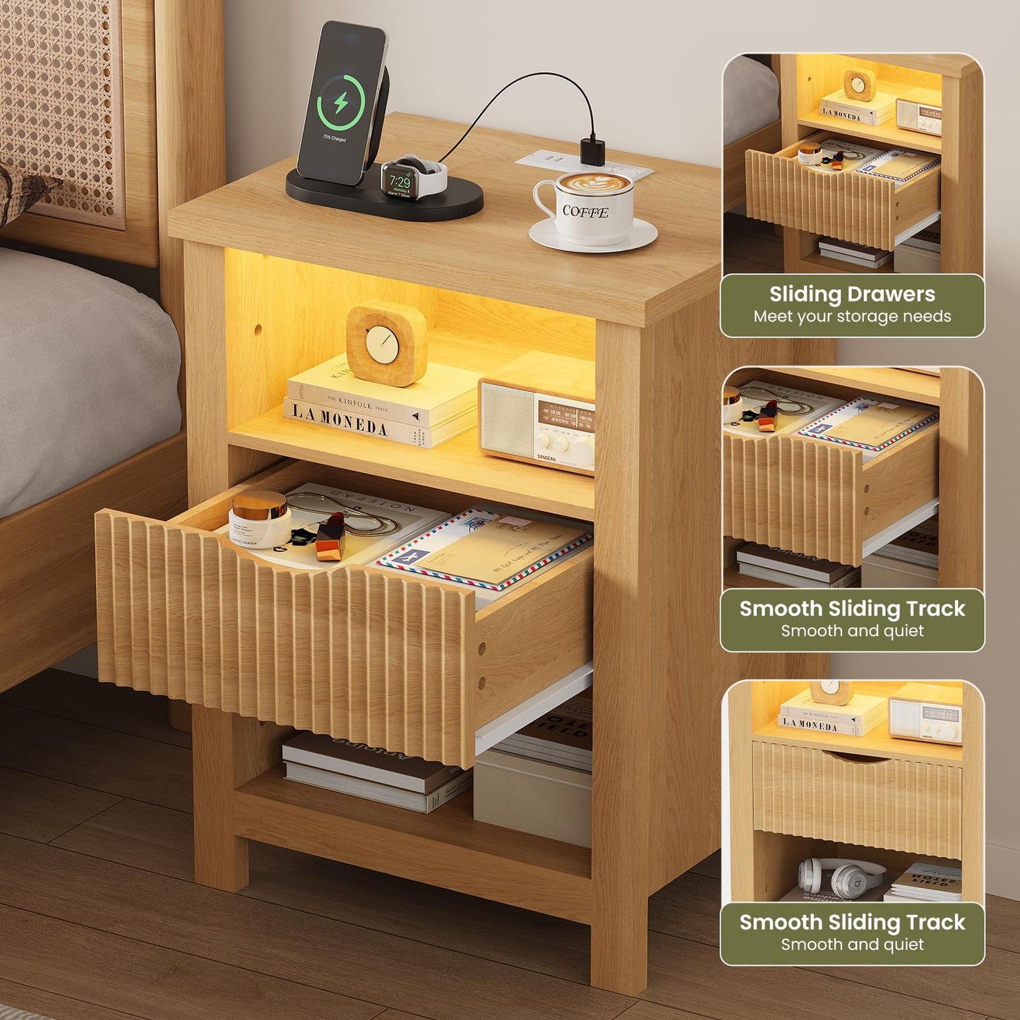 LAKEMID Fluted Nightstand with Charging Station,20 Inch Wide Bedside Tables with Led Lights,Modern Wood Night Stand with Drawers,Wooden Bed Side Table for Bedroom,Living Room,Natural Oak