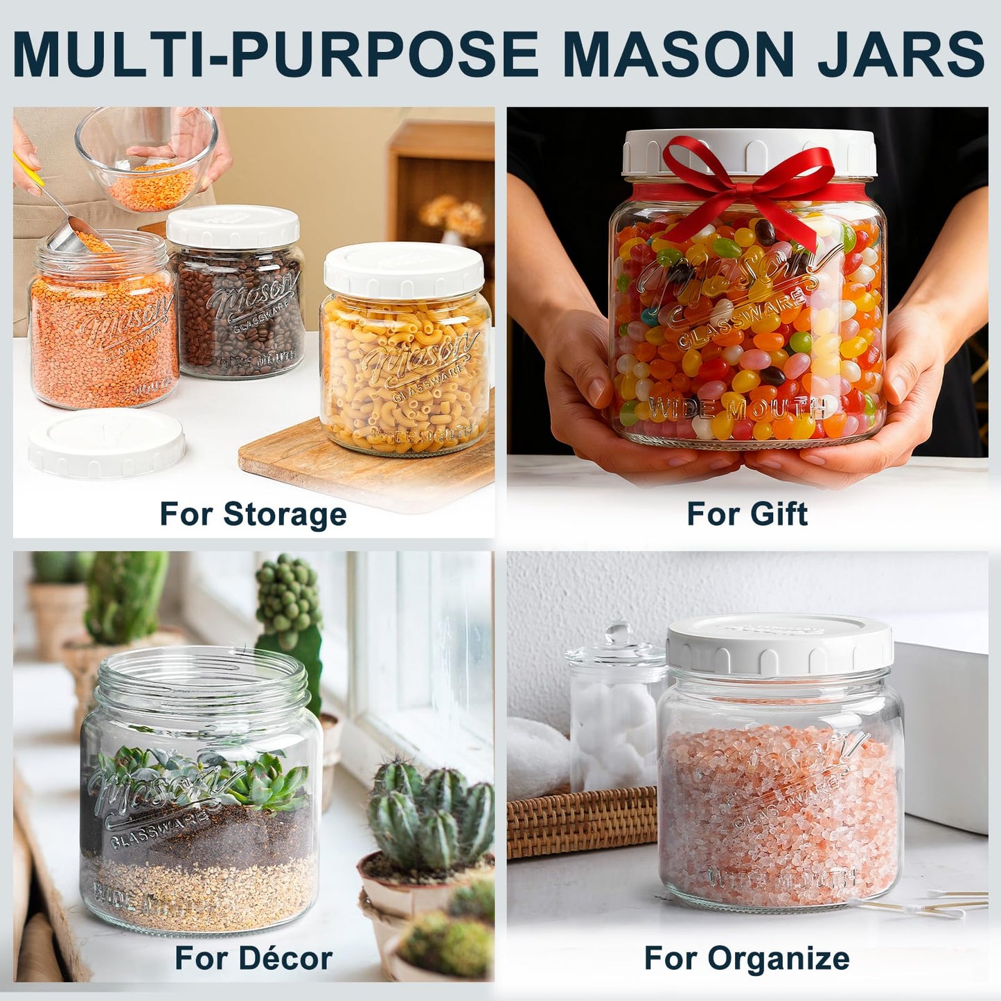 Dwbligt 2 Pack Glass Jar with Lid, Half Gallon Mason Jar Wide Mouth for Pantry Storage, Flour, Pasta, Cookie, Candy, Fermenting, Pickle - Airtight Glass Storage Jars for Fridge w 2 Scale Marks(64 Oz)