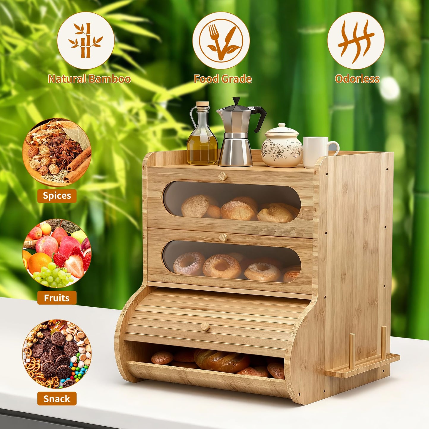 Coolfat Bread Box for Kitchen Countertop, 3 Tier Large Capacity Breadbox, with Window, Cutting Board Rack and Knife Holder, Bamboo Bread Container, Under Cabinet Organizer