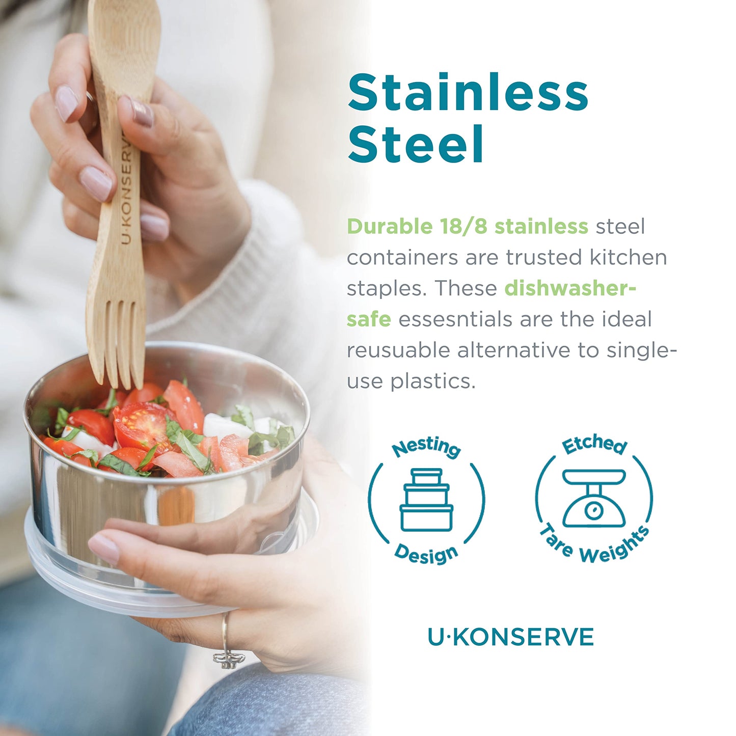 U Konserve Stainless Steel Nesting Trio Food Containers with Silicone Lids, Leak Proof & Dishwasher Safe (Set of 3: 5/9/16 oz)