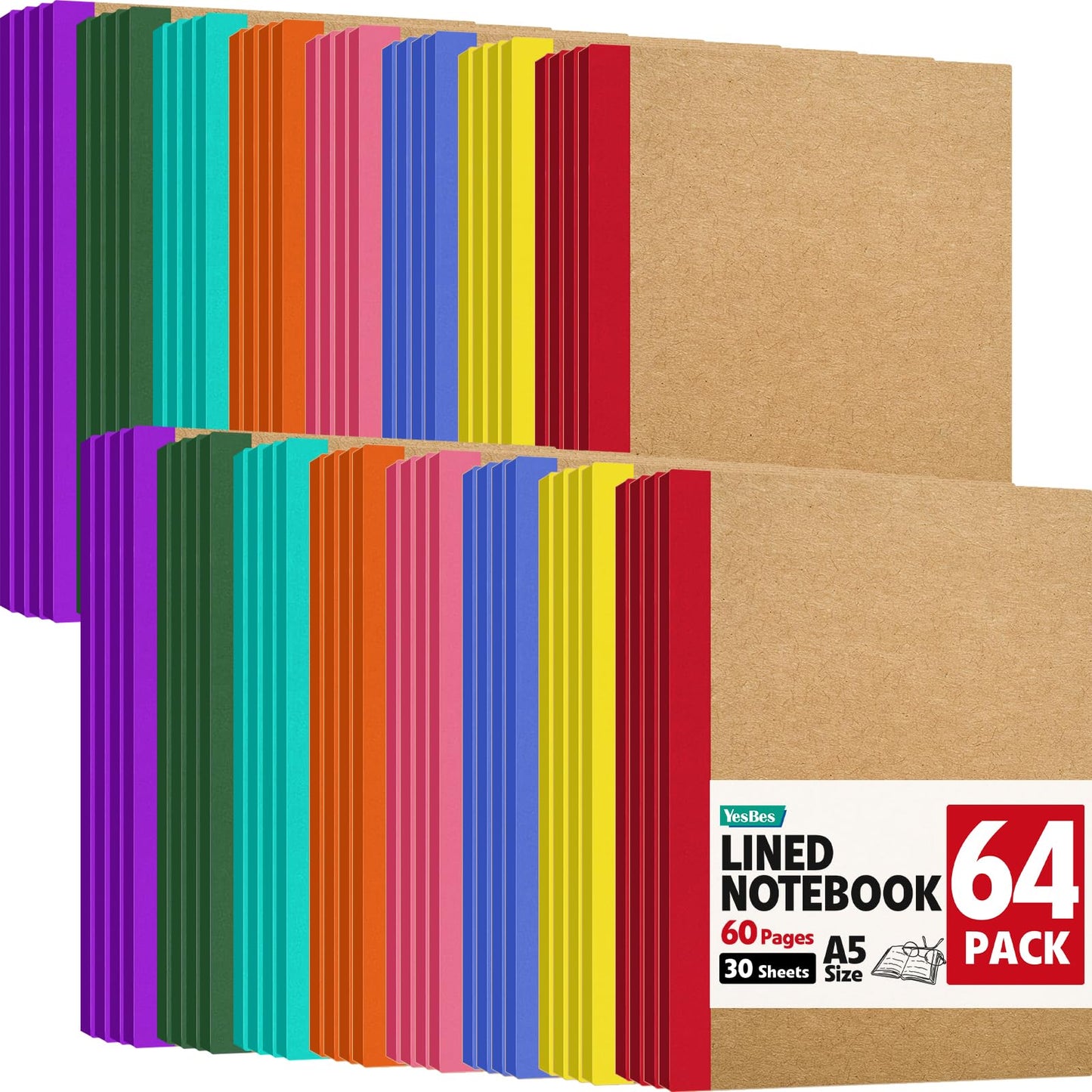 64 Pack Composition Notebooks Bulk, A5 Kraft Cover Lined Journaling Notebooks, 8.3”x 5.5” Travel Notebook for School Office Students Artists, 8 Colors 60 Pages