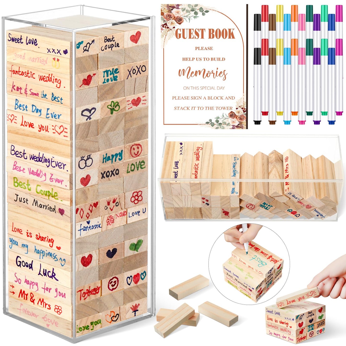 Beeveer 80 Pcs Wedding Guest Book Alternative Wooden Block Guest Book for Wedding Sign in Bridal Shower Decoration 54 Pcs Wooden Block Bridal Shower Game for Sign in, Reception(Rustic)