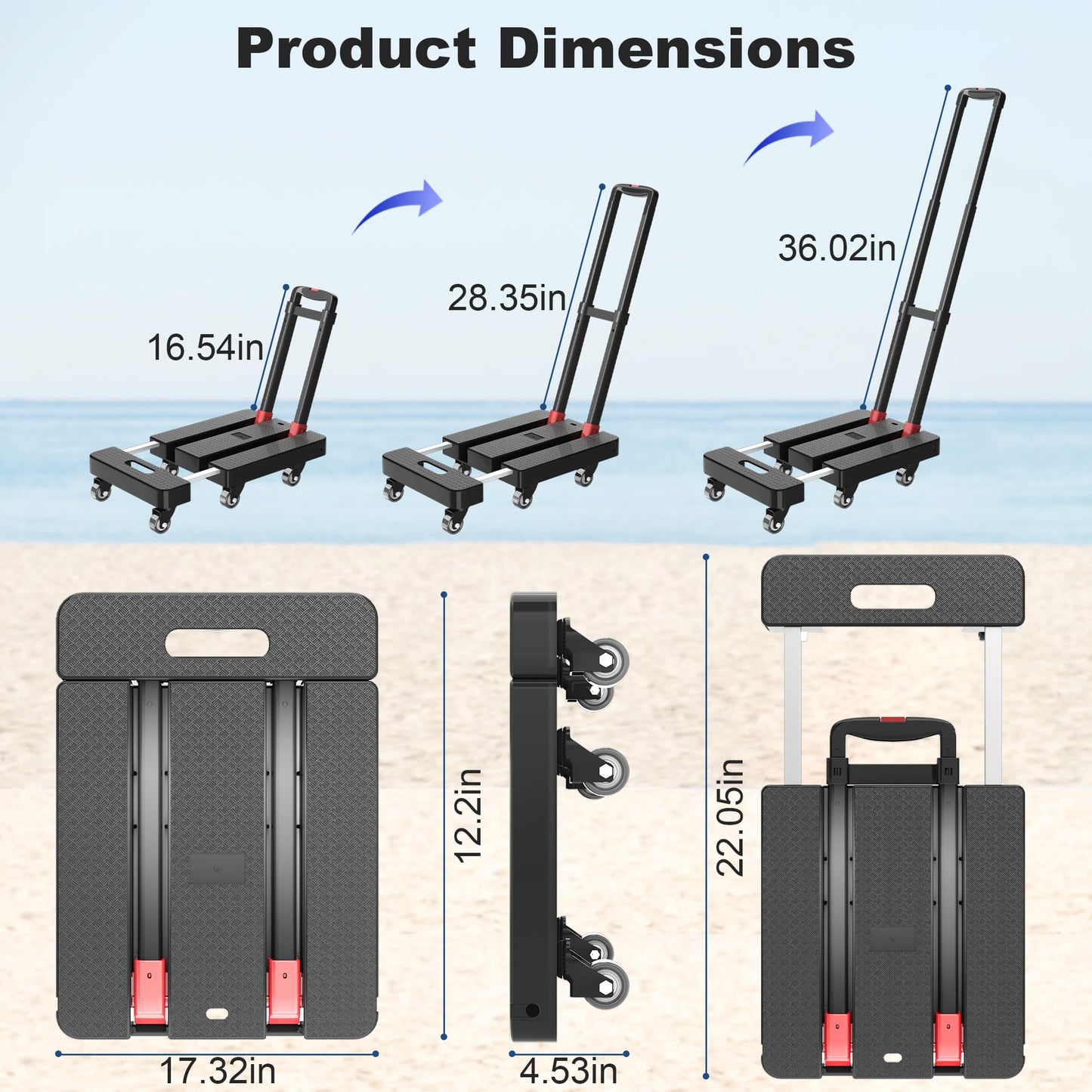 Folding Hand Truck, 500 LBS Heavy Duty Foldable Dolly Cart with Wheels, Telescoping Handle & 2 Elastic Ropes, Portable Luggage Cart for Moving, Travel, Home, Black Red