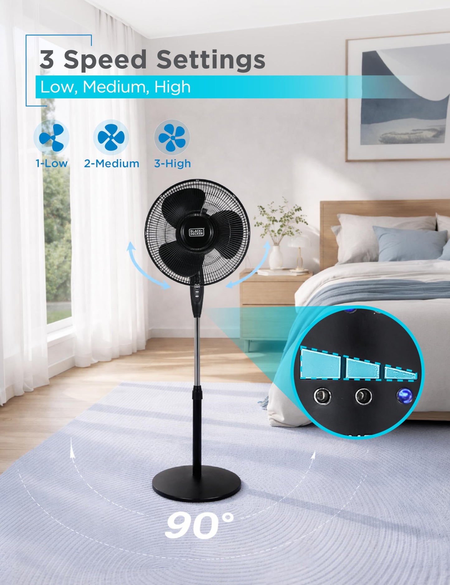 BLACK+DECKER 16" Standing Oscillating Pedestal Fan with Remote, 90-Degree Oscillation, 3 Speed Settings, Adjustable Height, Timer, 30-Degree Tilt, BFSR16B, Black