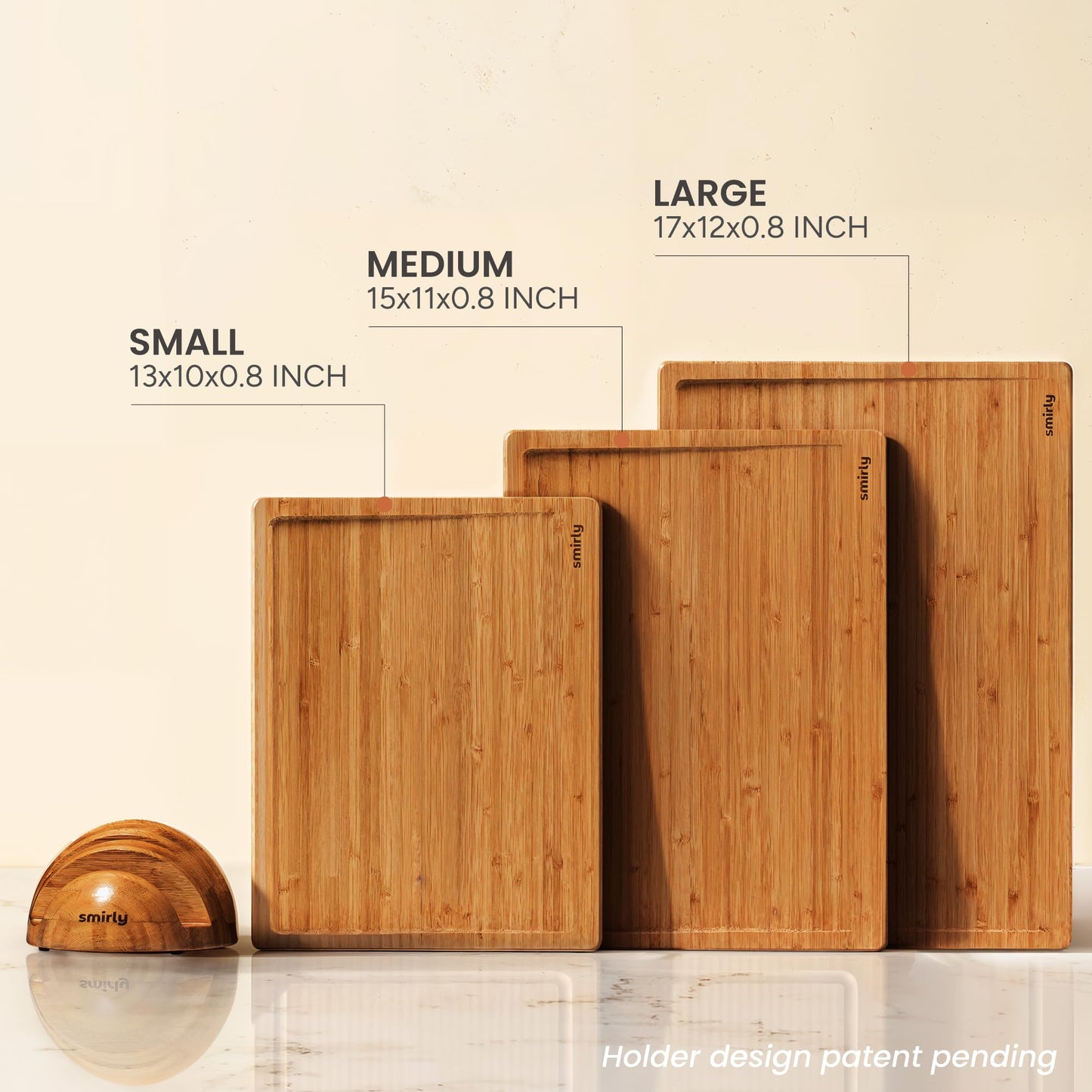 SMIRLY Bamboo Cutting board for Kitchen - Wood Cutting Boards for Meal Prep, Serving, Charcuterie - Kitchen Gadgets, House Warming Gifts - Wooden Chopping Board Set of 3 with Holder - Brown Bamboo