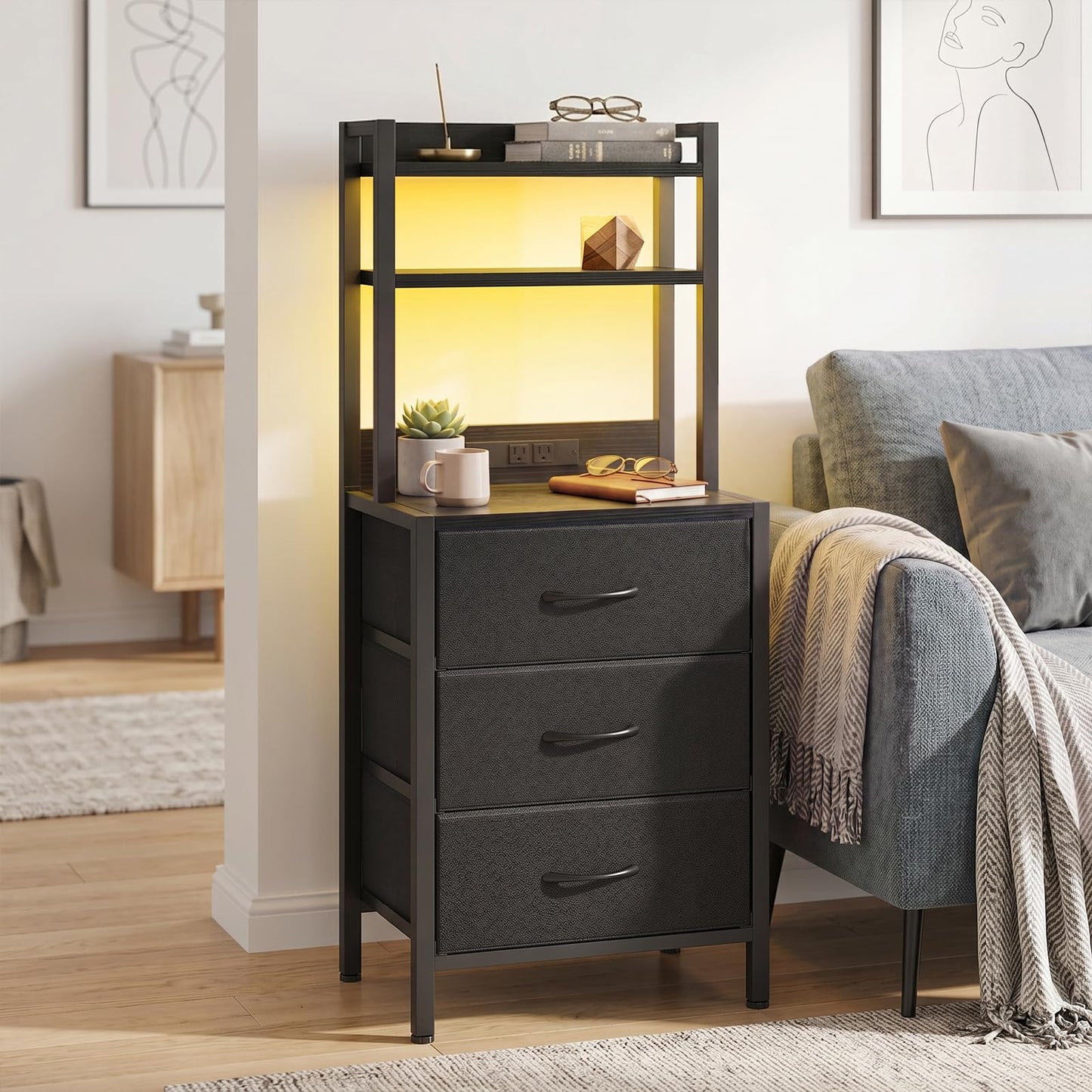 Fixwal 41 Inch Tall Nightstand with Charging Station, 3 Fabric Storage Drawers and Shelves, Led Night Stand with U-S-B Port & Socket, Bedroom Dorm Office, Bedside Table & Bookshelf in One, Black