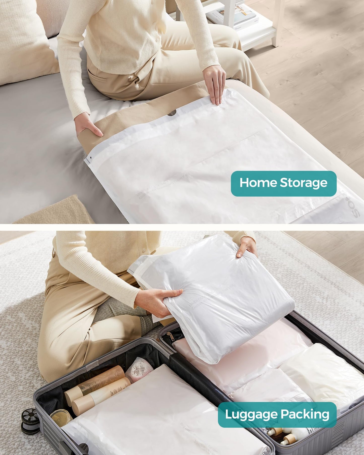 SONGMICS Trash Bags, Drawstring Kitchen Garbage Bags, Pre-Separated, Box-Free Pack, for 12-14.5 Gallon (45-55 L) Trash Cans, Liner Code 055A01, 3 Rolls, 120 Count, White UKRB055A03V1