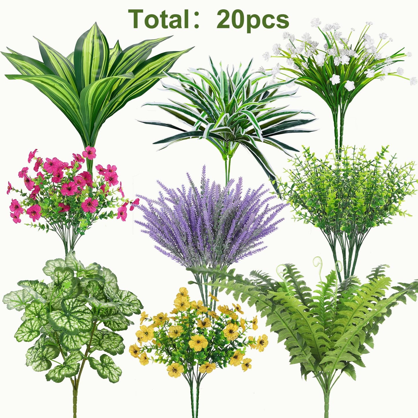 Roberly 20 Pcs Artificial Plants Outdoor, Fake Plants UV Resistant Greenery Stems Plastic Leaves Faux Flowers Bushes for Spring Summer Table Patio Front Porch Garden Indoor Outdoor Home Decor