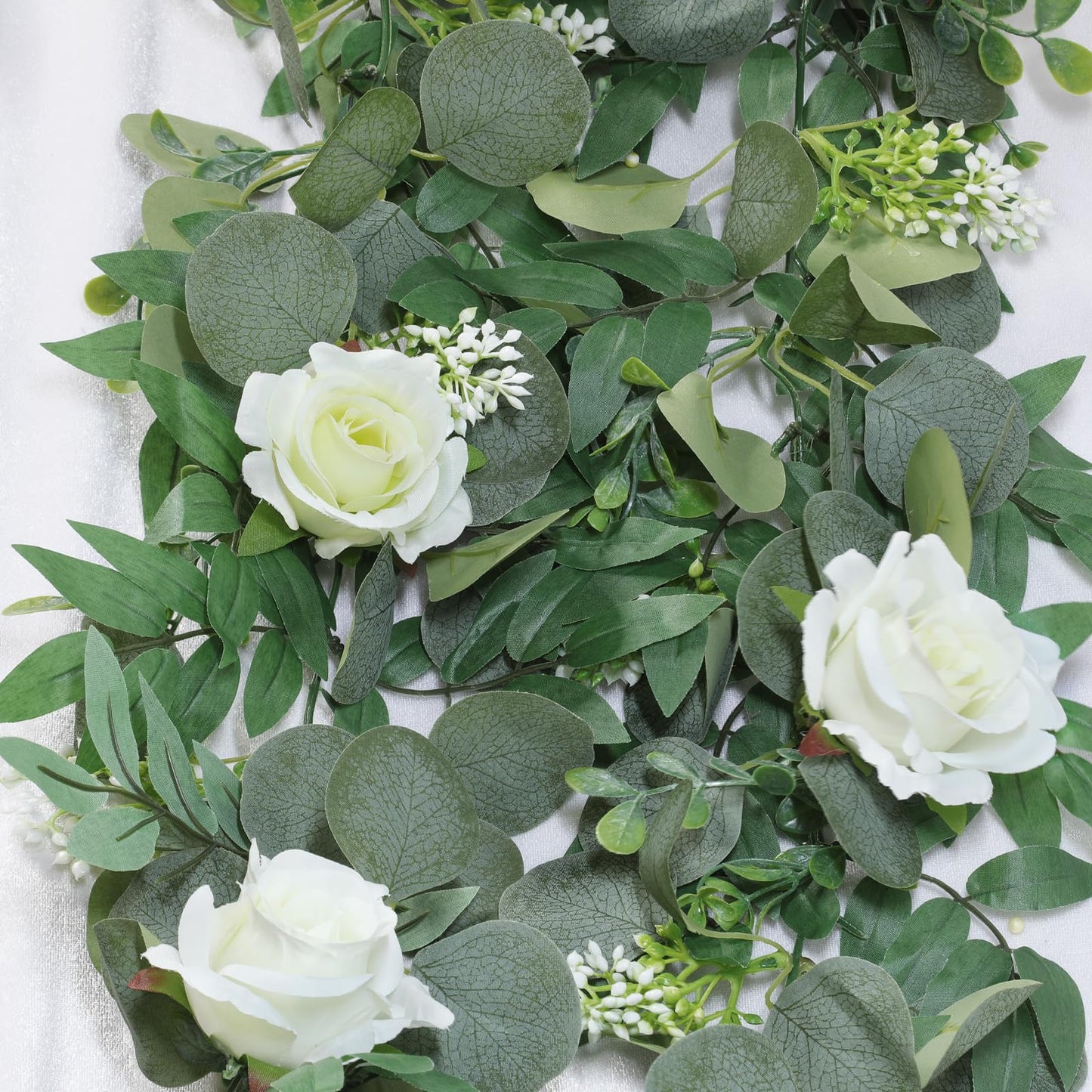 2 Pack Artificial Spring Eucalyptus Flower Garland with White Roses, 13Ft Fake Flower Greenery Floral Green Garland Vines for Wedding Arch Table Runner Backdrop Mantle Home Decorations (White)
