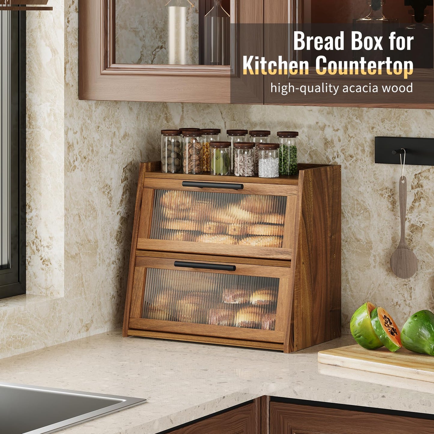 Furshus Bread Box for Kitchen Counter, Wooden Double Layer Bread Storage Container Bin,Bread Holde,Countertop Bread Storage with Window