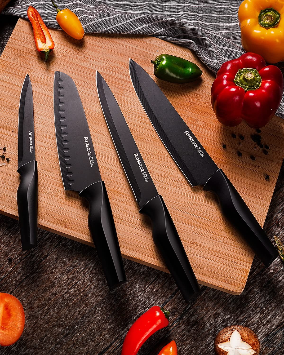 Astercook Knife Set, Kitchen Knife Set with Built-in Sharpener Block, Dishwasher Safe, 15 Pieces German Stainless Steel Knife Block Set, Black Perfect Kitchen Gifts for Mom Dad