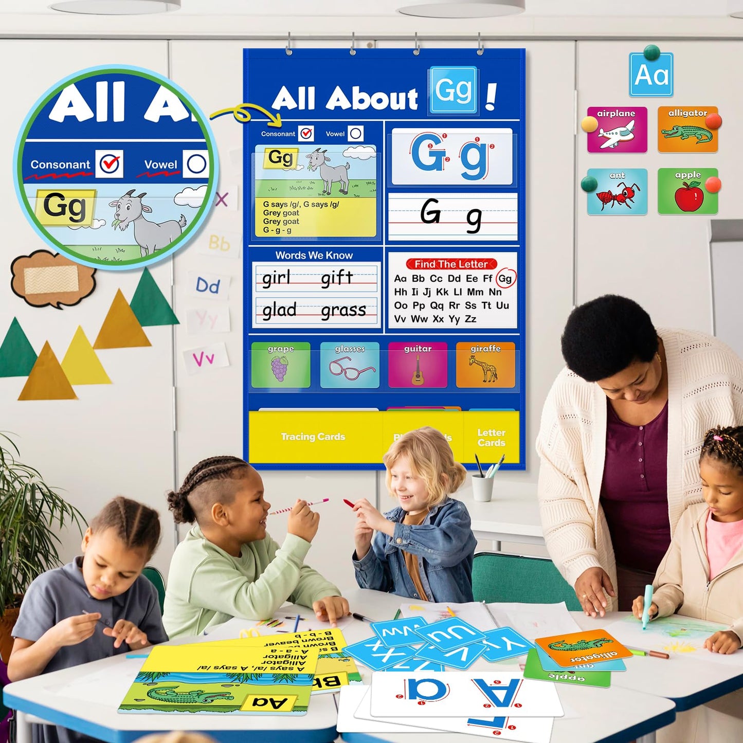 SkilLify Alphabet Learning Pocket Chart, Circle Time Learning Center Alphabet Flash Cards ABC Wall Chart Letter Game for Toddler Kids Homeschool Supplies Preschool Kindergarten Classroom Must Haves