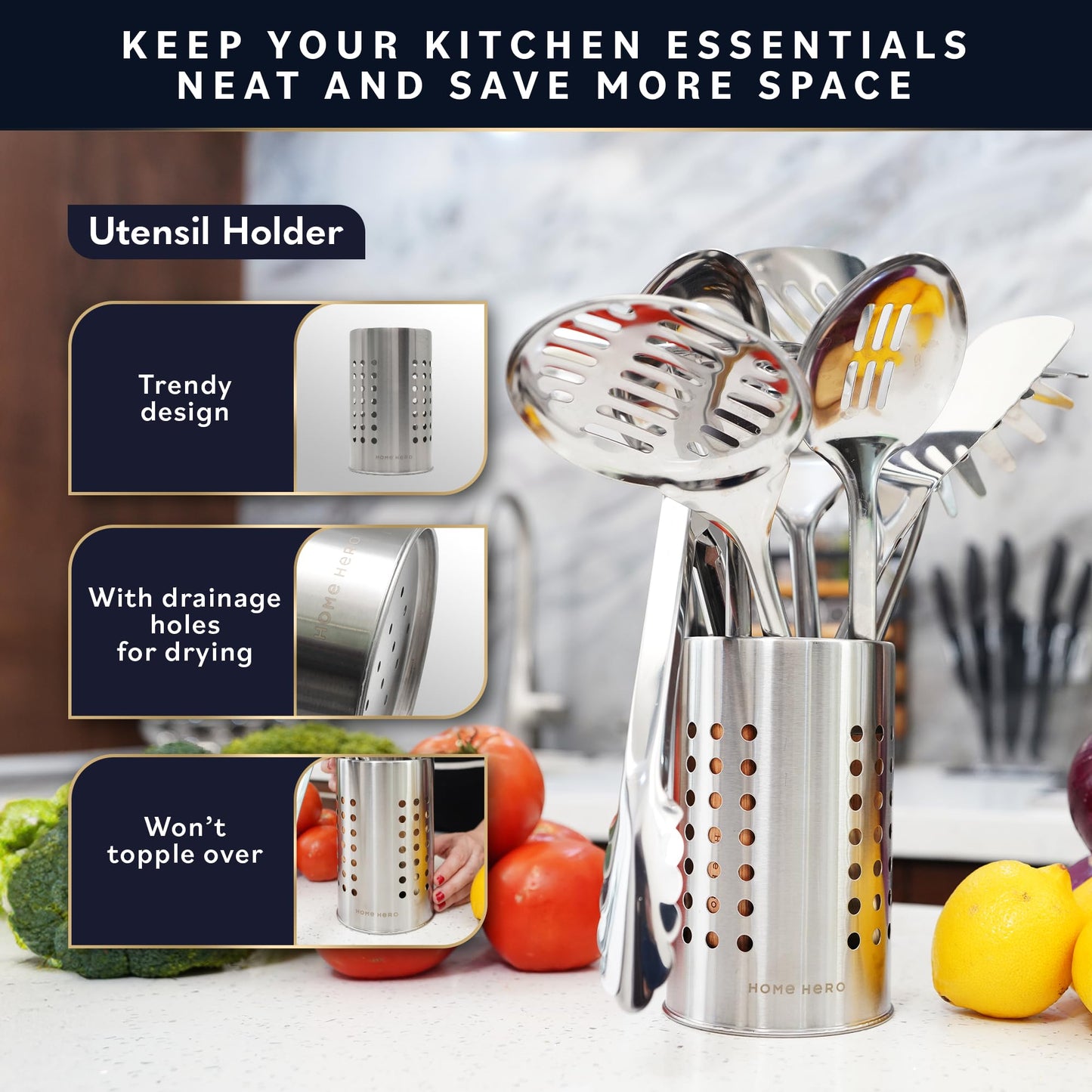 Home Hero Stainless Steel Kitchen Utensils Set - Wood Handle Nonstick Stainless Steel Cooking Utensils Set - Heat Resistant Kitchen Essentials & Metal Kitchen Gadgets (Silver & Wood)