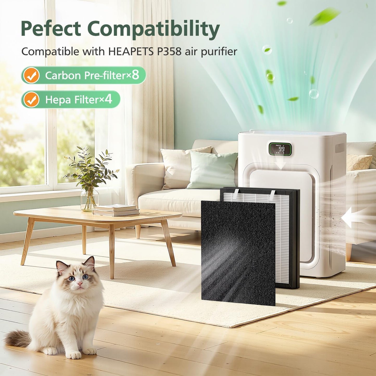 P358 Replacement Filters Compatible with HEAPETS P358 Pet Air Purifier, 4 Hepa Filters and 8 Activated Carbon Pre-filters for Pet Household, Compare Part #PJ358-2LX6JDM