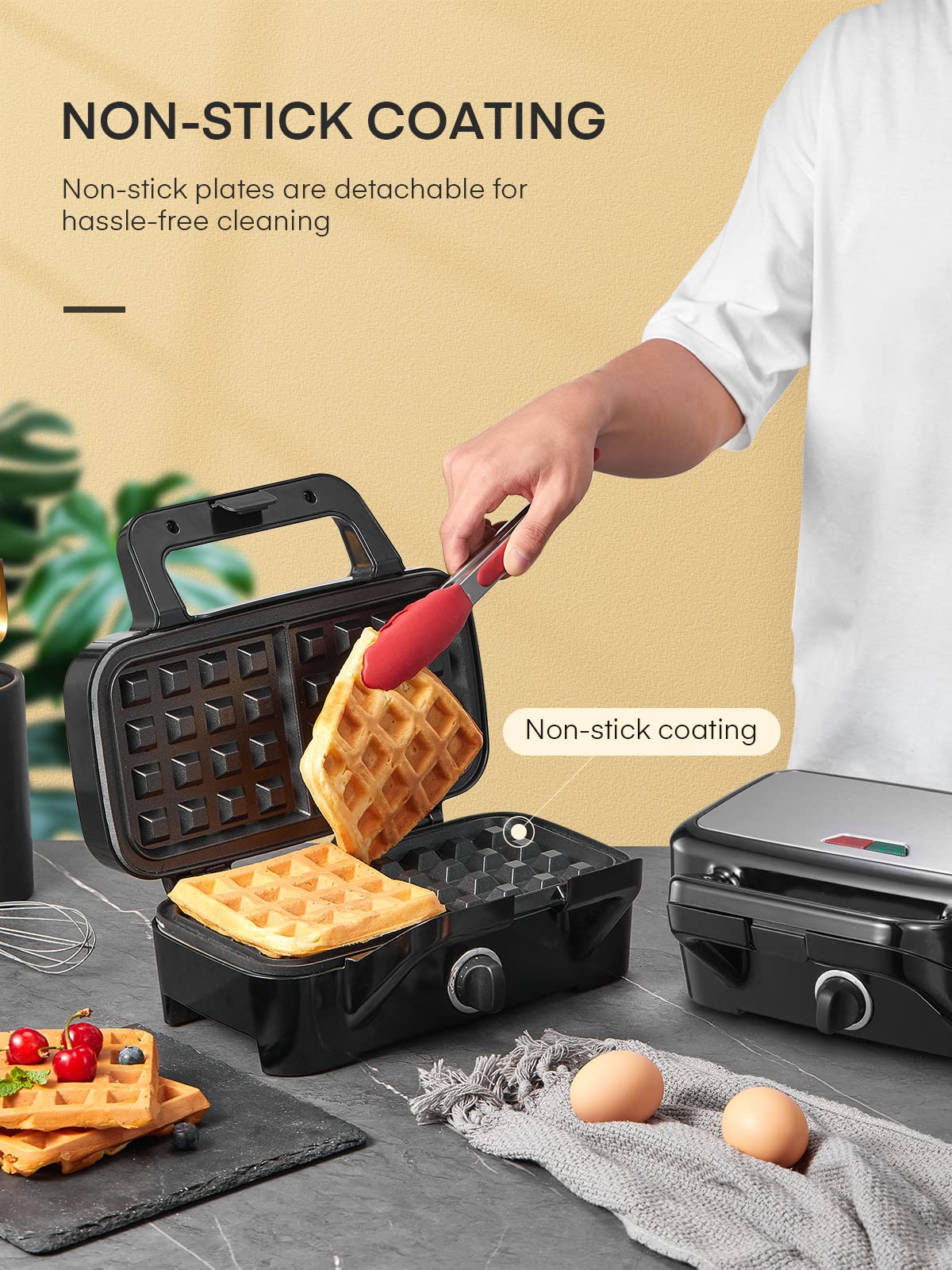 FOHERE 3-in-1 Sandwich Maker, 1200W Waffle Maker & Panini Press Grill, 3 Removable Non-stick Plates, 5-Gear Temp Control, Grilled Cheese Maker, Quick Breakfast, LED Indicators, Stainless Steel/Black