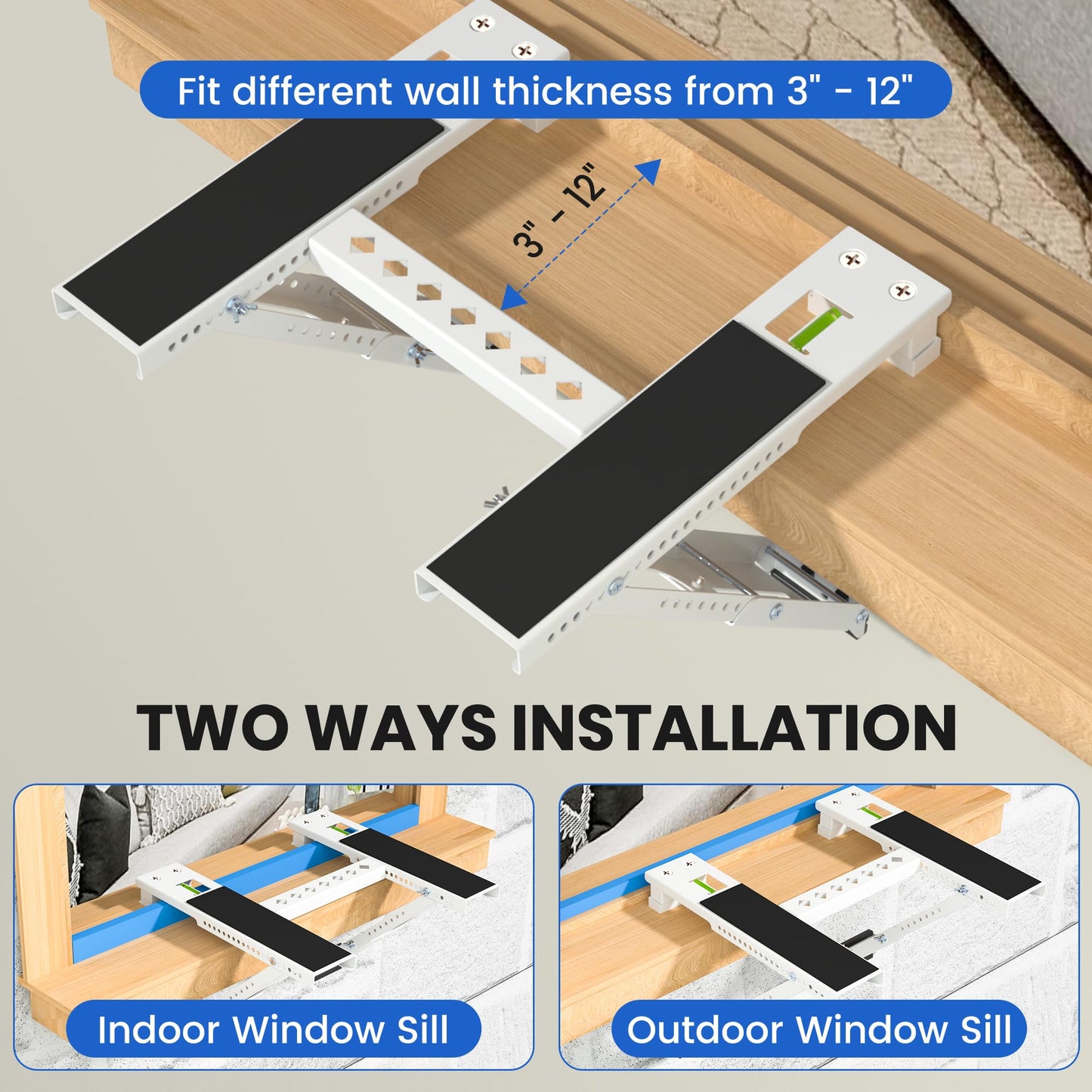 TAKTOPEAK Window Air Conditioner Support Bracket: 220lbs Dual Arm Universal Window AC Bracket for 5,000-24,000 BTU Units, Heavy Duty Window AC Mount for 3‘-12" Brick Concrete Wood Walls