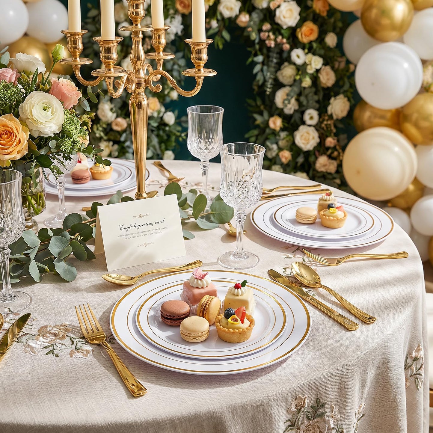 I00000 102 Pieces Gold Plastic Plates, Disposable Party Plates White Gold Rim, 51 Disposable Gold Dinner Plates 10.25 Inch and 51 Disposable Dessert Appetizer Elegant Fancy Wedding Plates 7.5 Inch