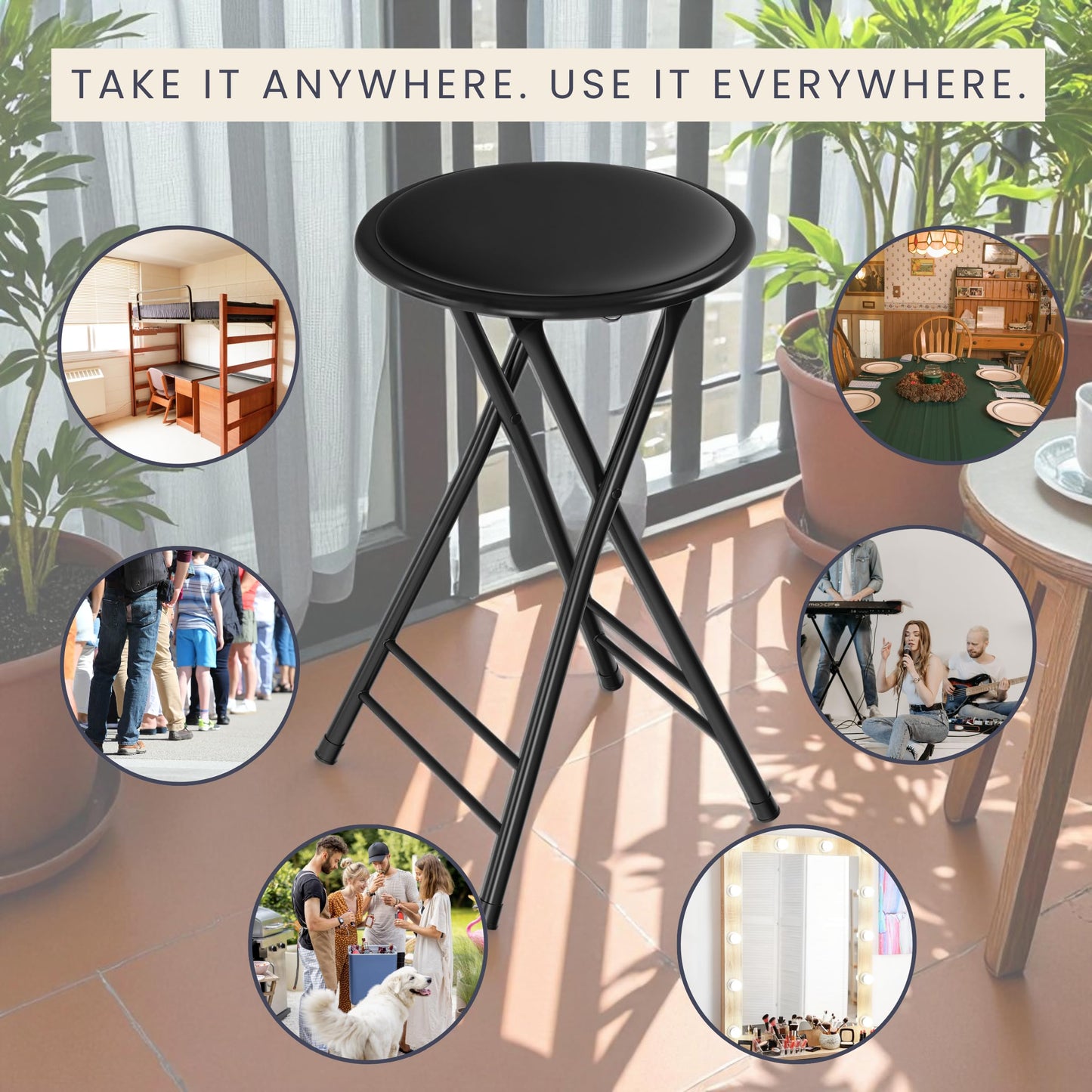 Lavish Home Backless Folding Stool with 225lb Capacity for Kitchen or Rec Room - Portable Indoor Counter Bar Stools (24-Inch, Black)