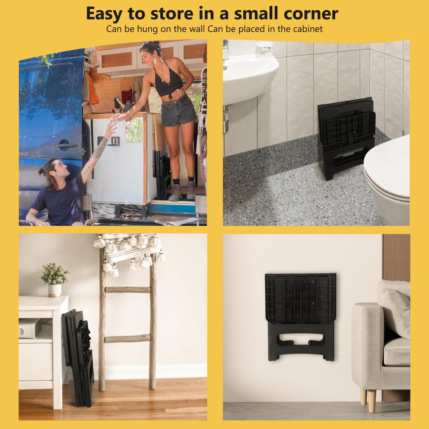 2 Step Folding Stool Non Slip 250 lb Capacity Foldable Step Stool 8 and 17 Inch Dual Height Portable Foot Stool for Kitchen Bathroom Black