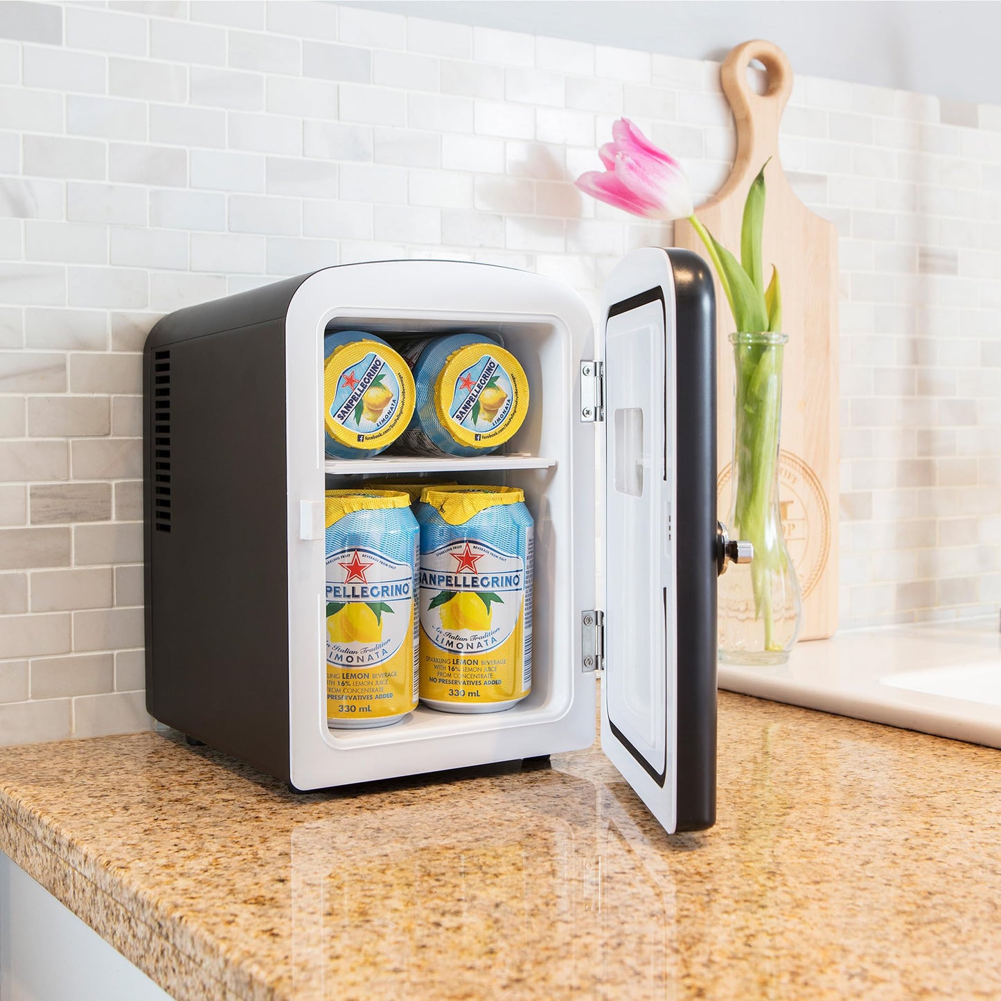 Koolatron Mini Fridge- Black Refrigerator 6 Can Portable Cooler for Bedroom Office Dorm Car Compact Fridge for Drinks Makeup Skincare Dual Power 12V 110V