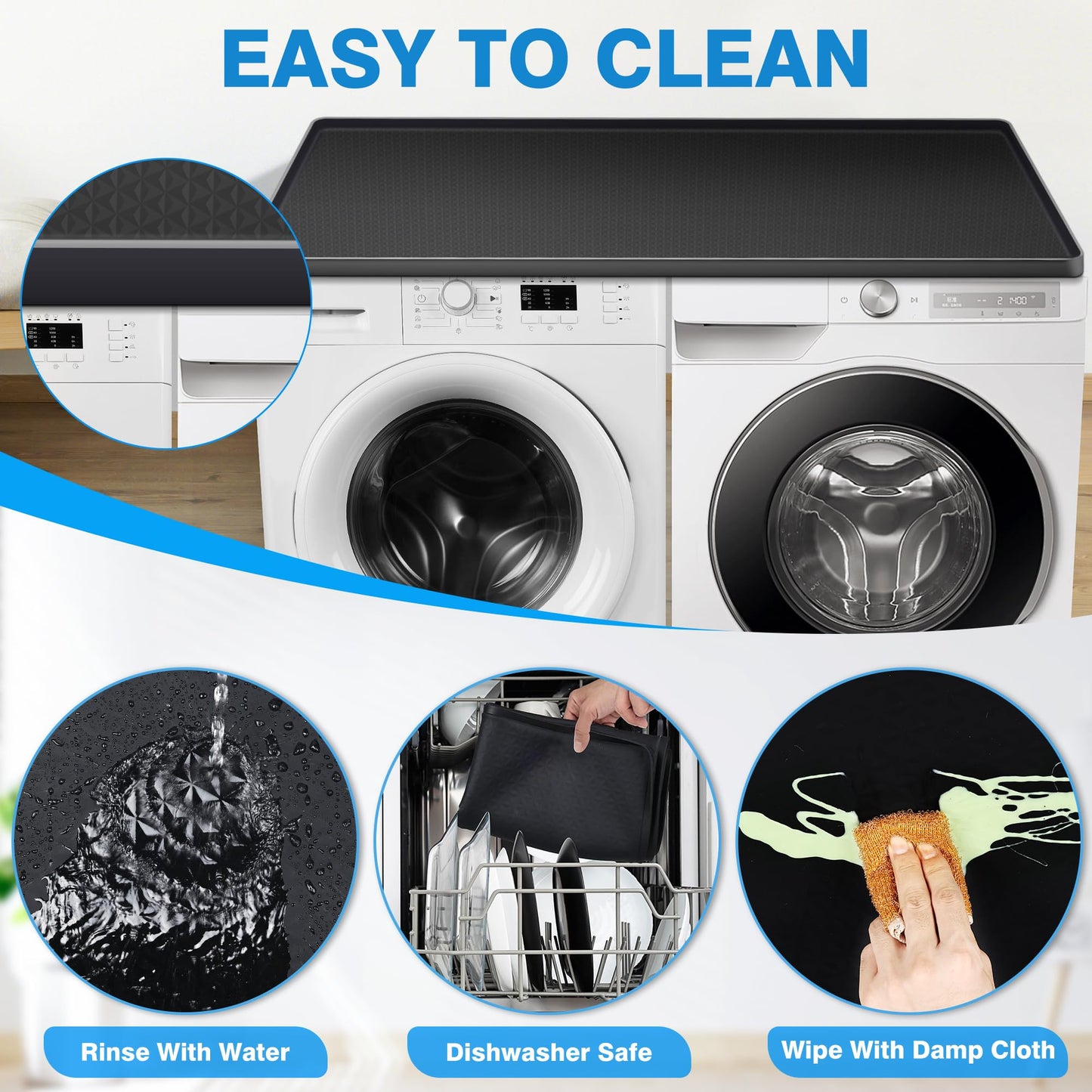 WAUTENANTY 54'' x 27.5'' Washer and Dryer Covers for the Top, Non-slip Silicone Washer Dryer Top Protector for Washing Machine, Waterproof Washer Dryer Countertop for Laundry Kitchen Home (Black)